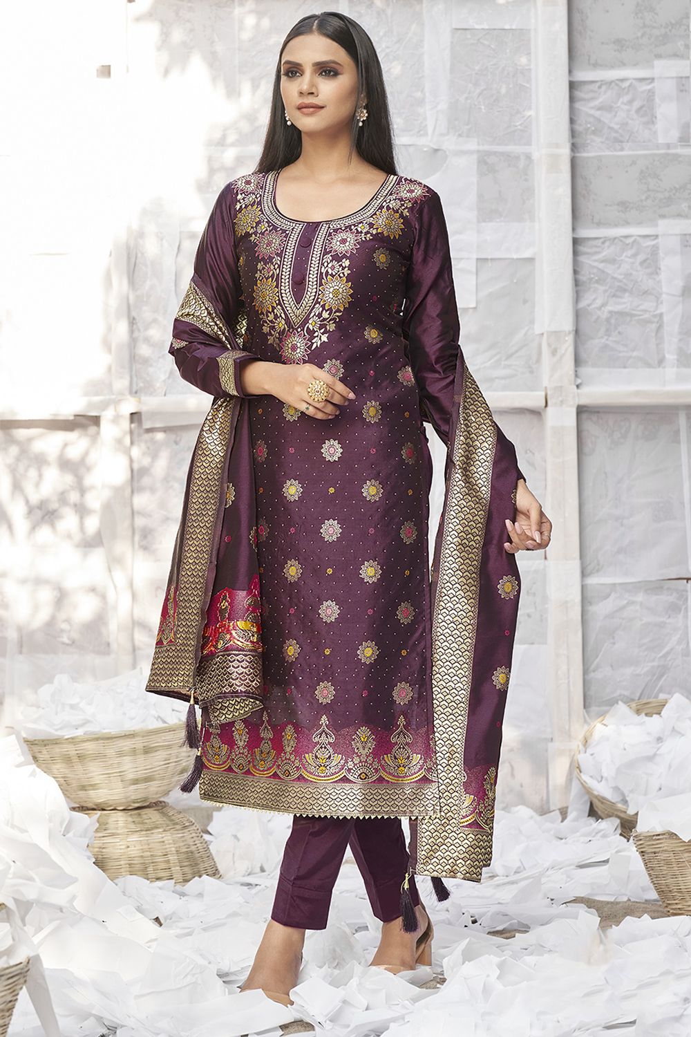 Wine Purple Woven Silk Trouser Suit