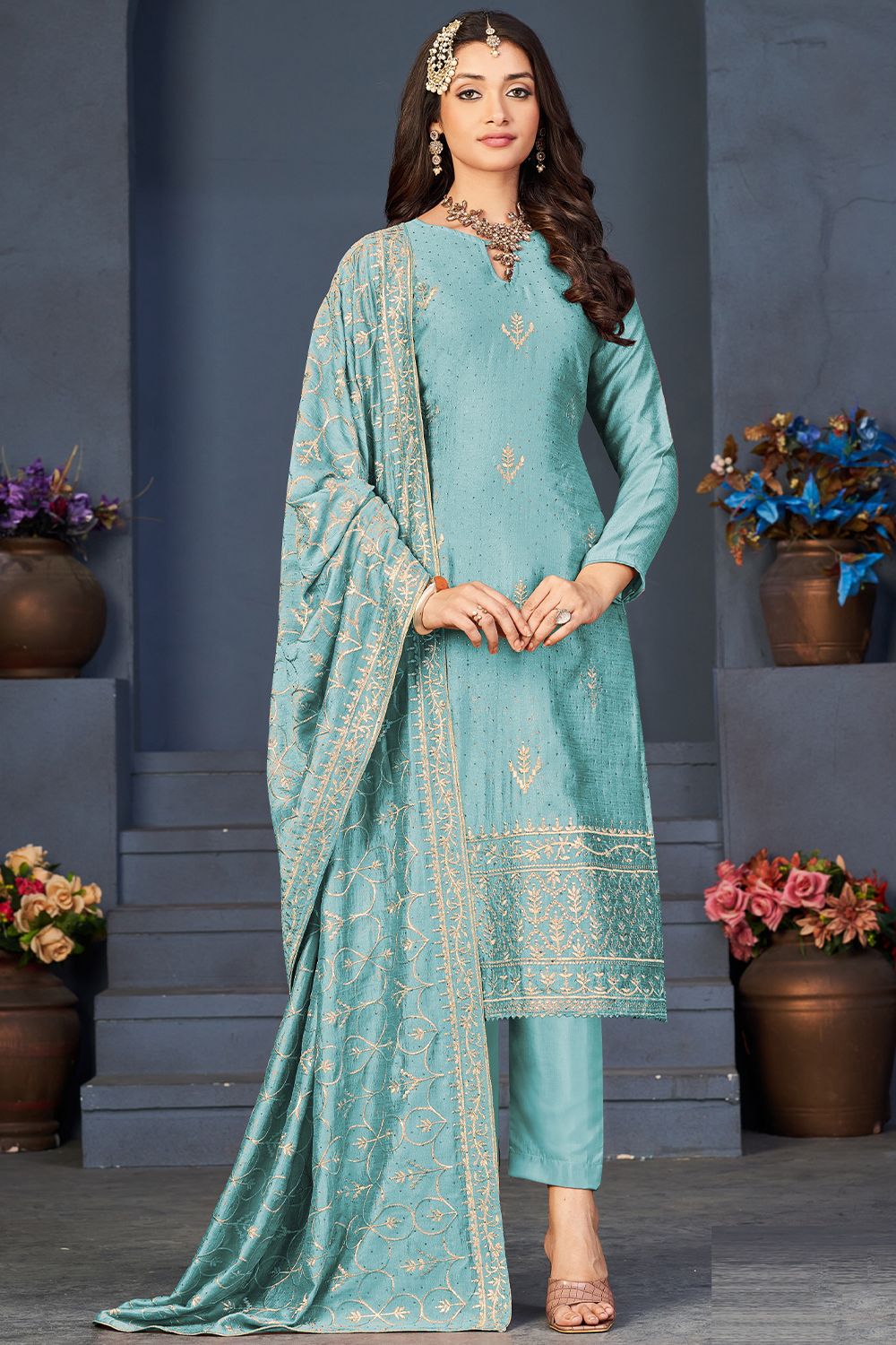 Sky Blue Dola Jacquard Embroidered Trouser Suit 