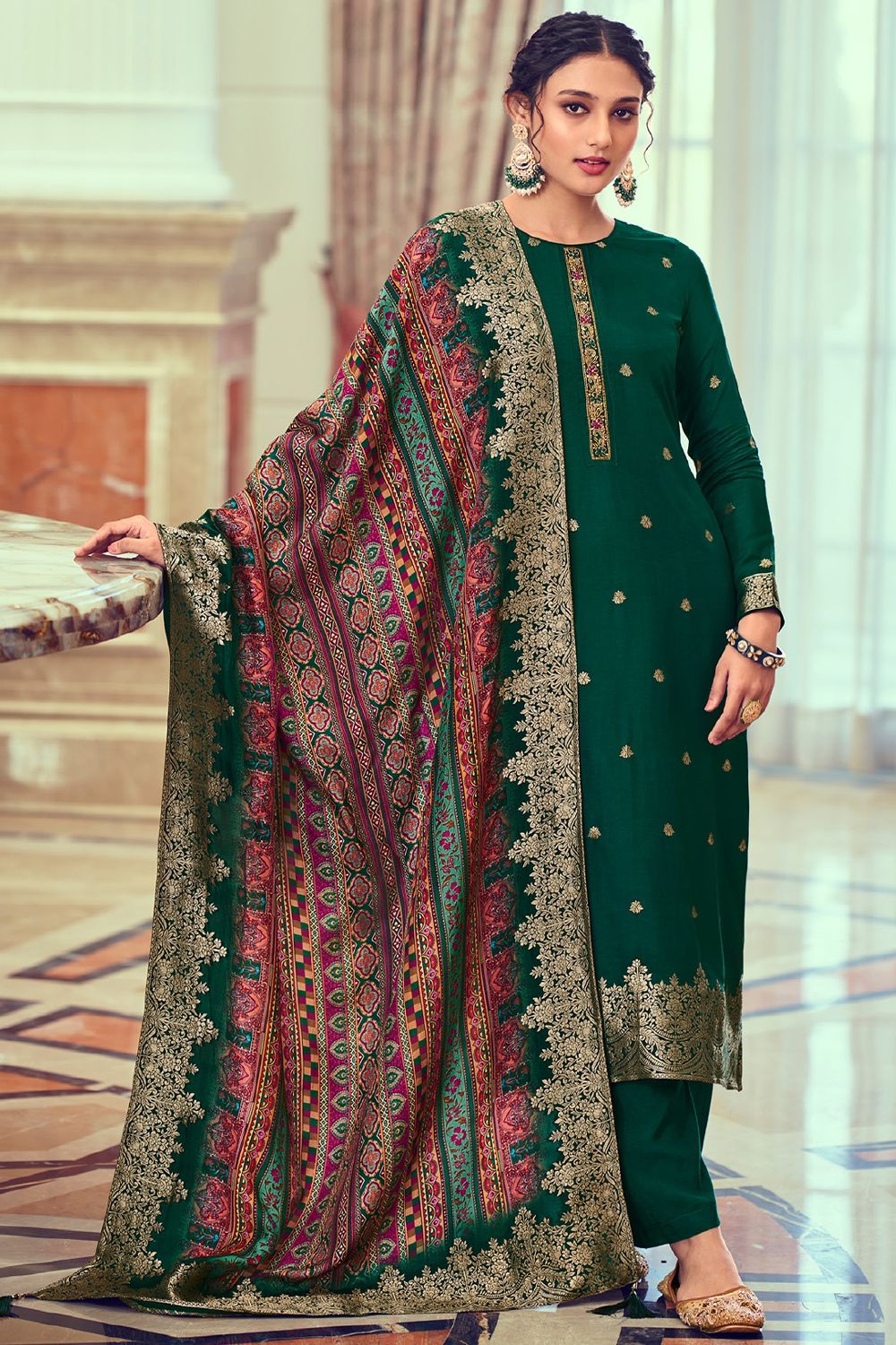 Dark Green Embroidered Straight Cut Jacquard Trouser Suit