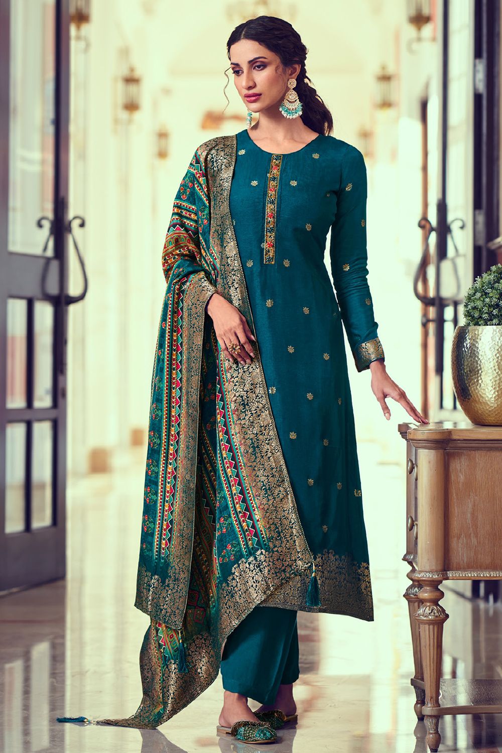 Peacock Blue Embroidered Straight Cut Jacquard Trouser Suit