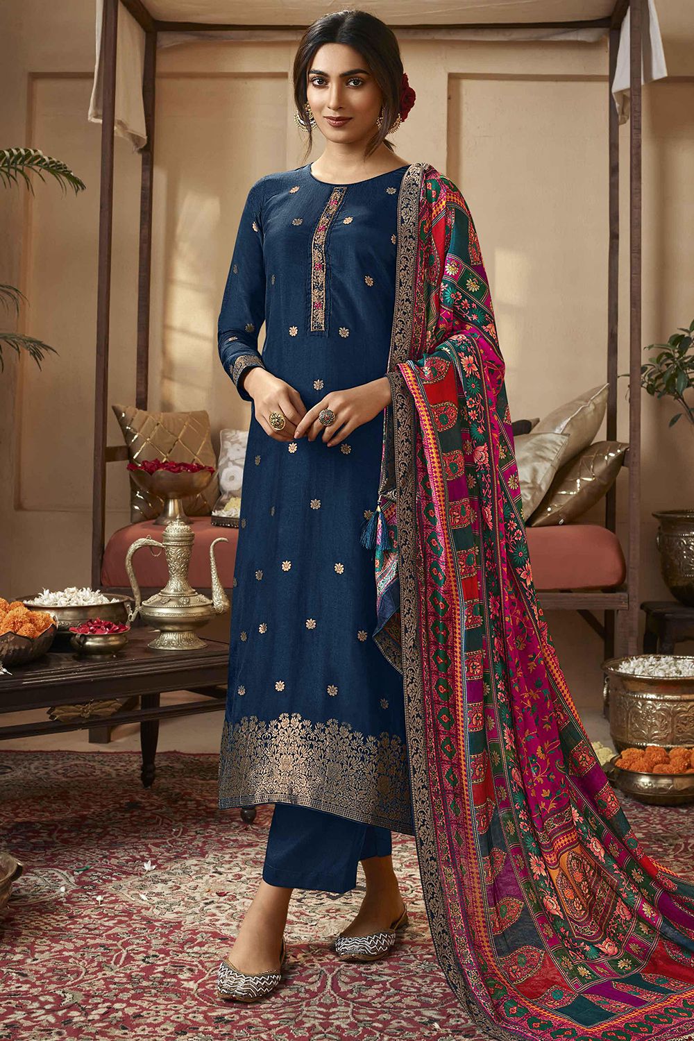 Prussian Blue Jacquard Embroidered Straight Cut Trouser Suit
