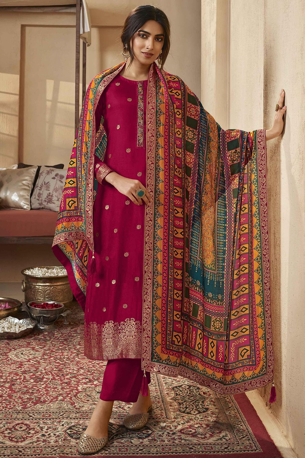 Dark Pink Jacquard Embroidered Straight Cut Trouser Suit