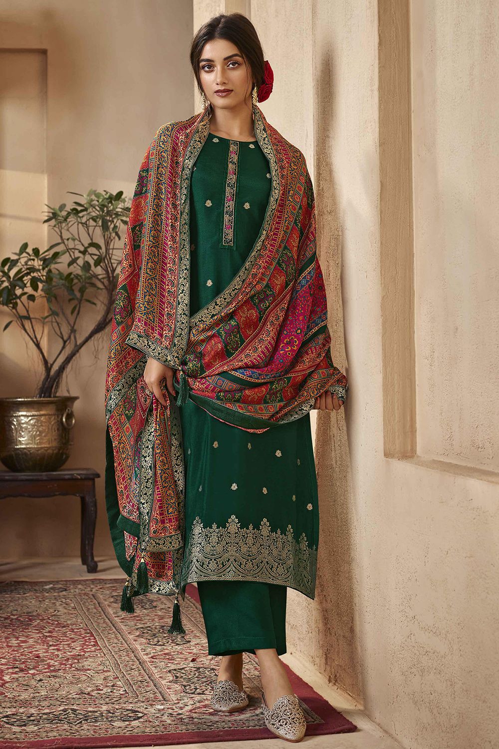 Dark Green Jacquard Embroidered Straight Cut Trouser Suit
