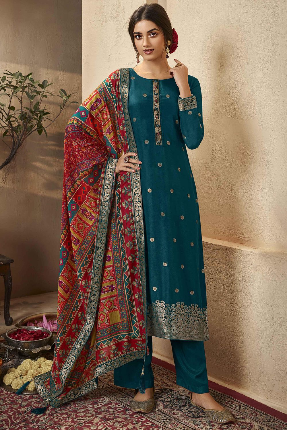Teal Blue Jacquard Embroidered Straight Cut Trouser Suit