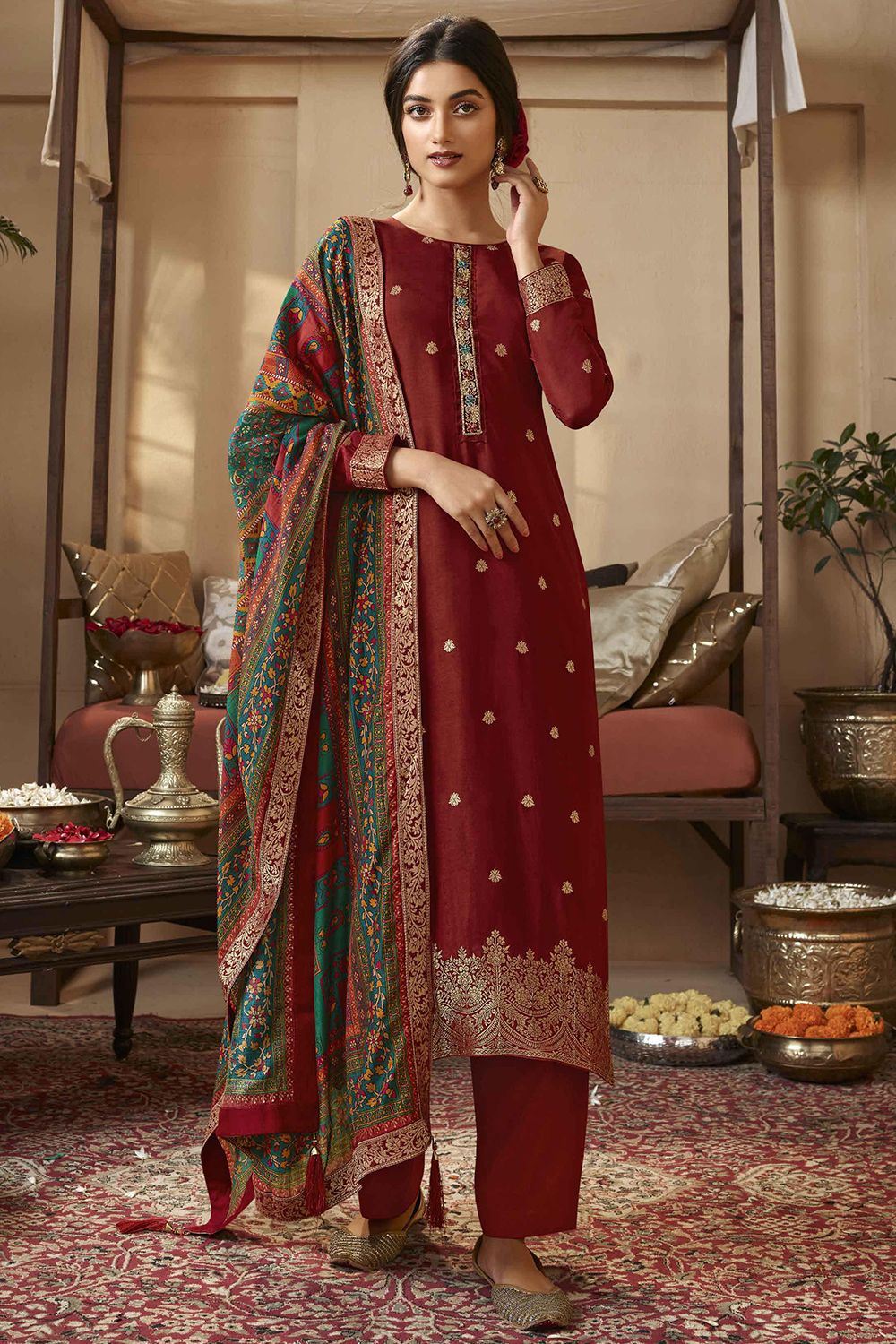 Maroon Jacquard Embroidered Straight Cut Trouser Suit