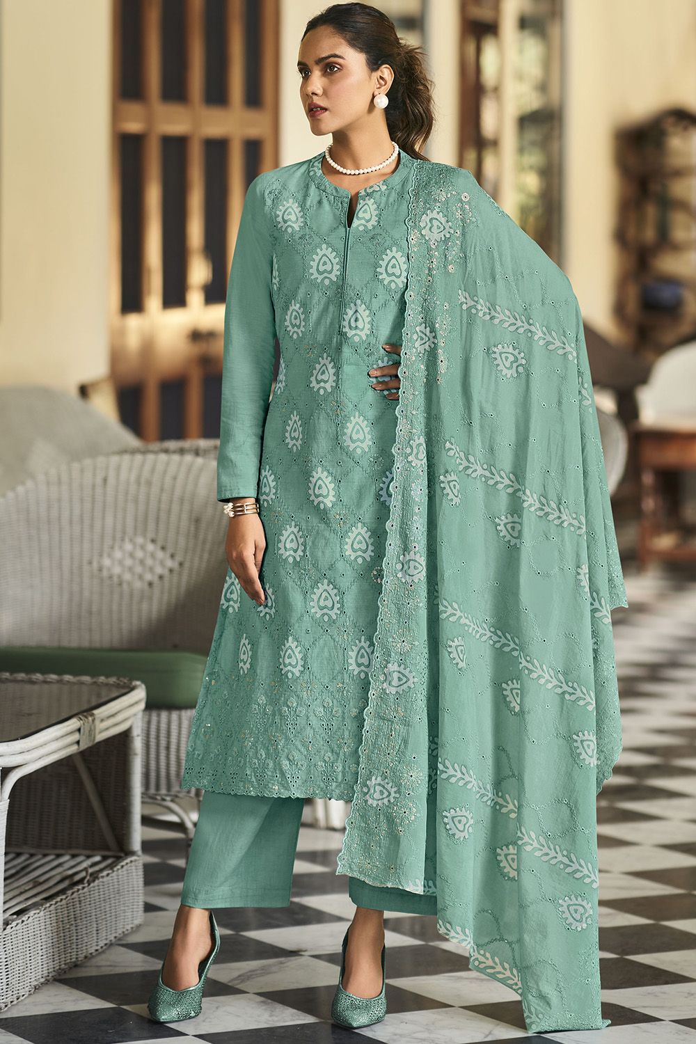 Green Cotton Pakistani Embroidered Salwar Kameez