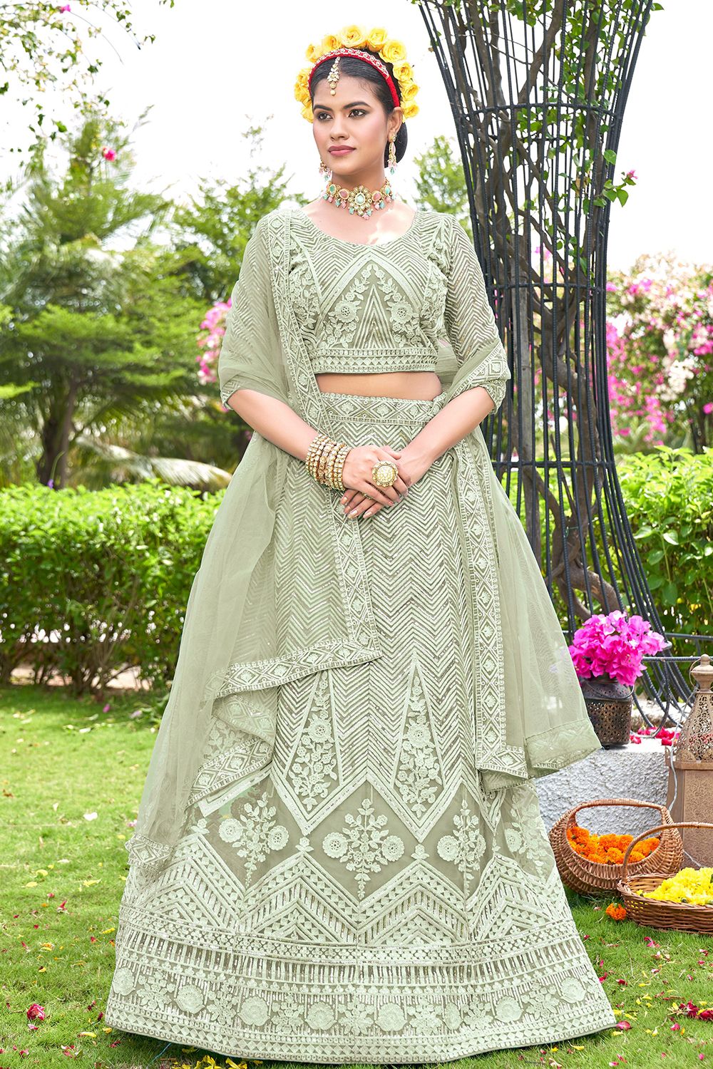 Pistachio Green Resham Embroidered Net Lehenga Choli