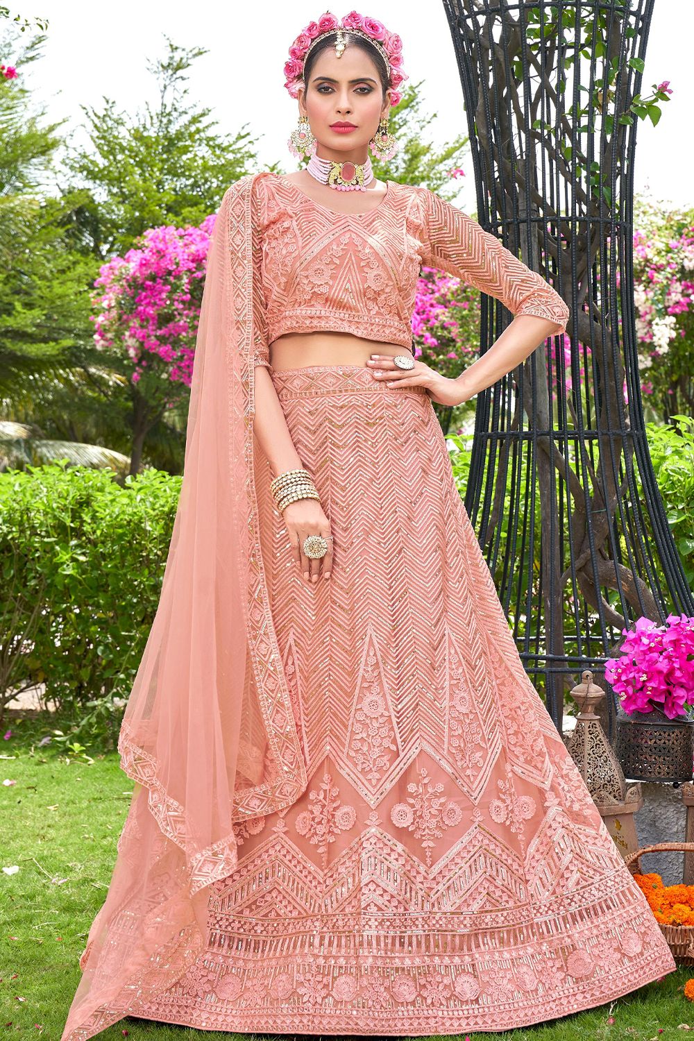 Peach Resham Embroidered Net  Lehenga Choli