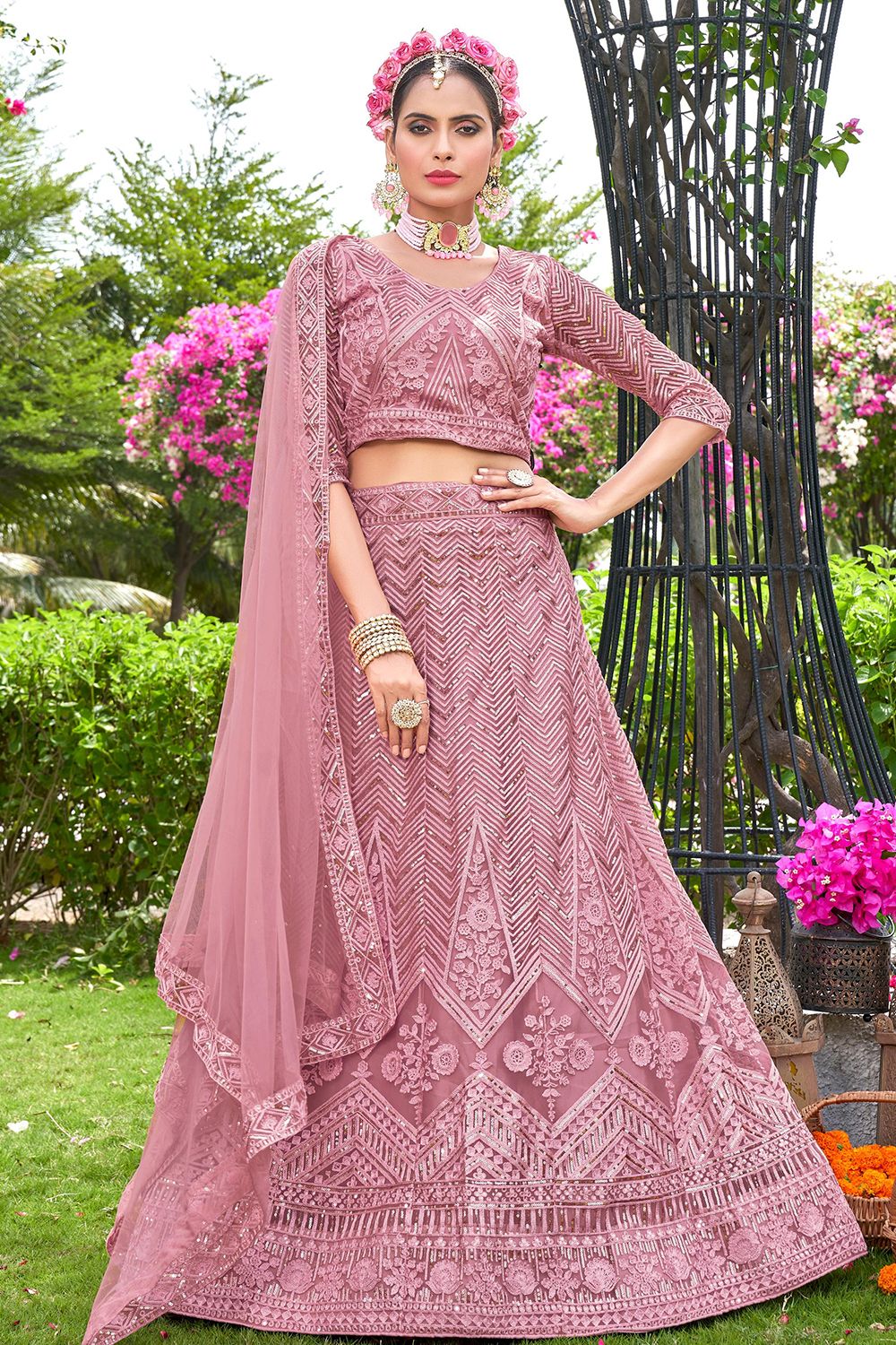 Dusty Pink Embroidered Net Lehenga Choli