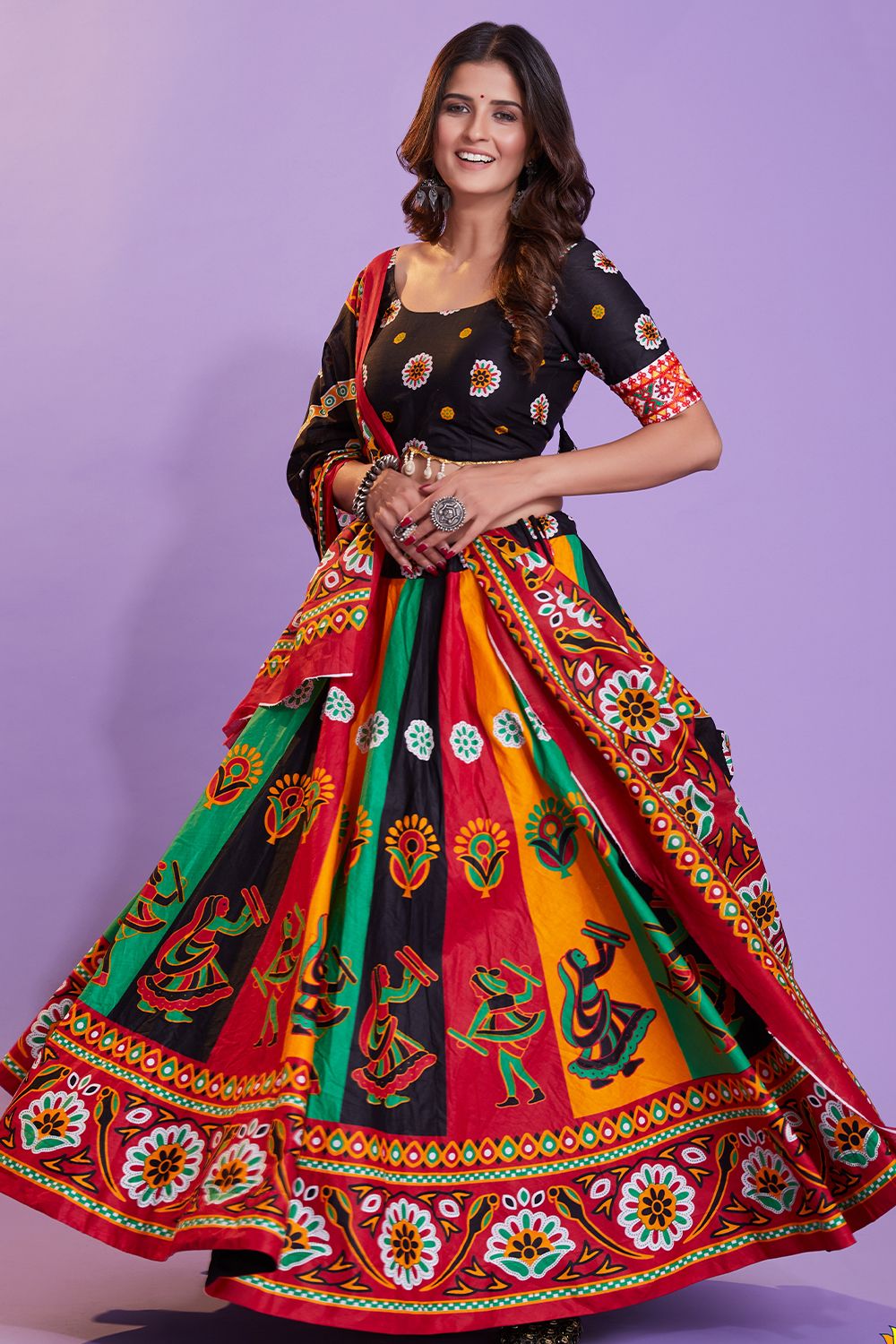 Multicolor Cotton Printed Chaniyacholi With Black Choli