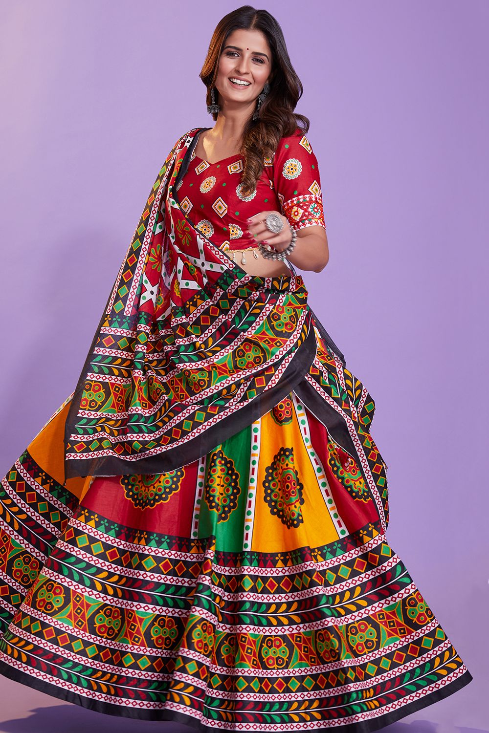 Multicolor Cotton Printed Chaniyacholi With Deep Red Choli