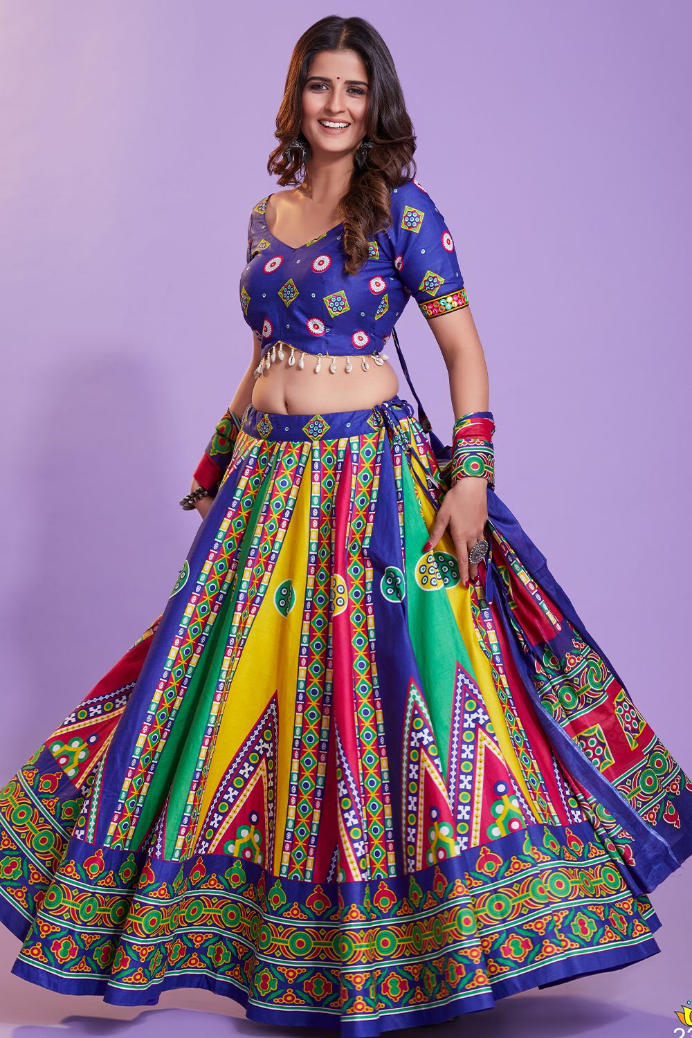 Multicolor Cotton Printed Chaniyacholi With Dark Blue Choli