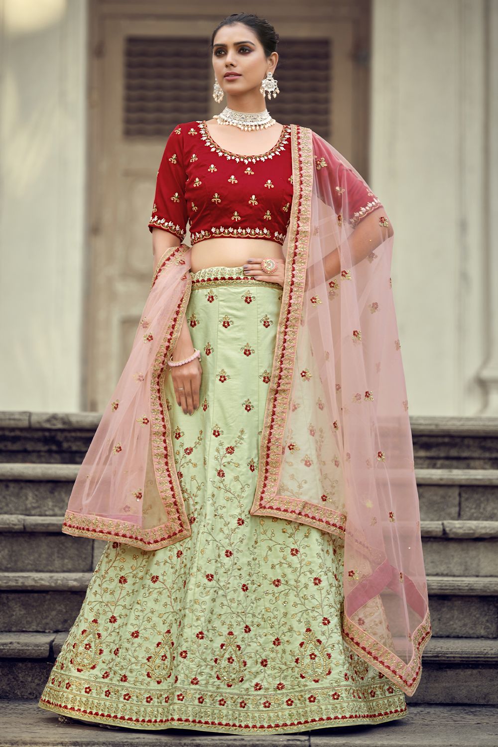 Pale Green Satin Embroidered Lehenga choli