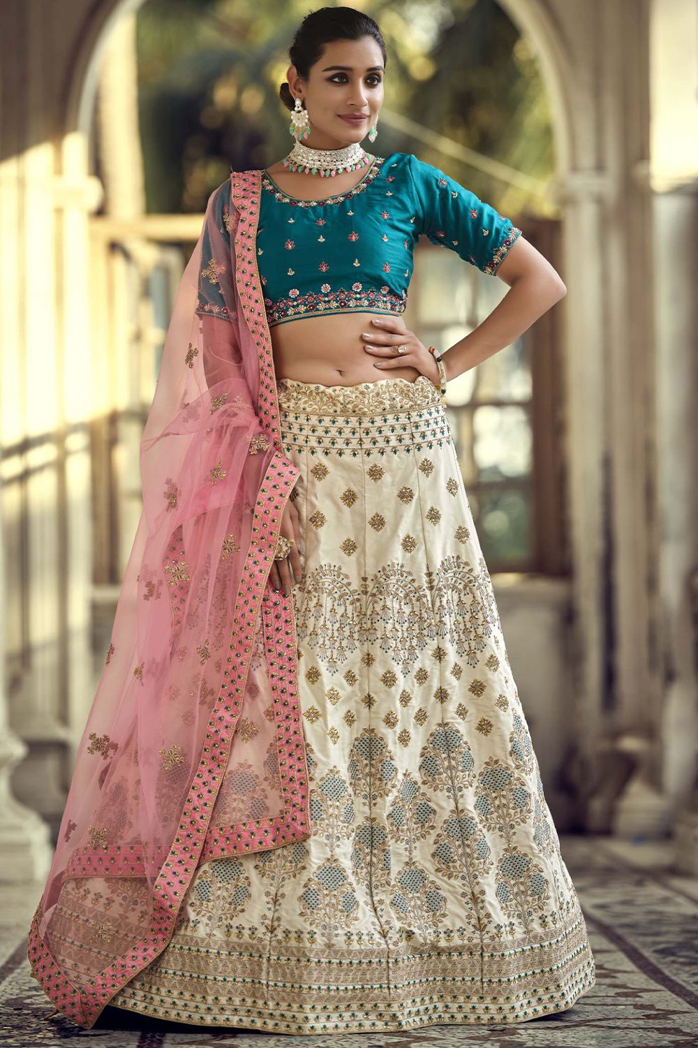 Cream Satin Embroidered Lehenga choli