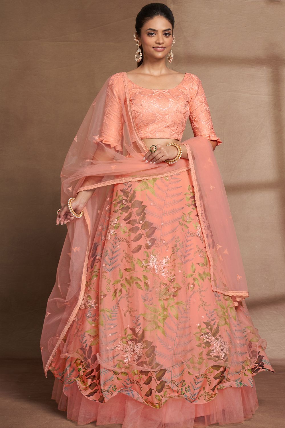 Peach Printed Frilled Lehenga Choli