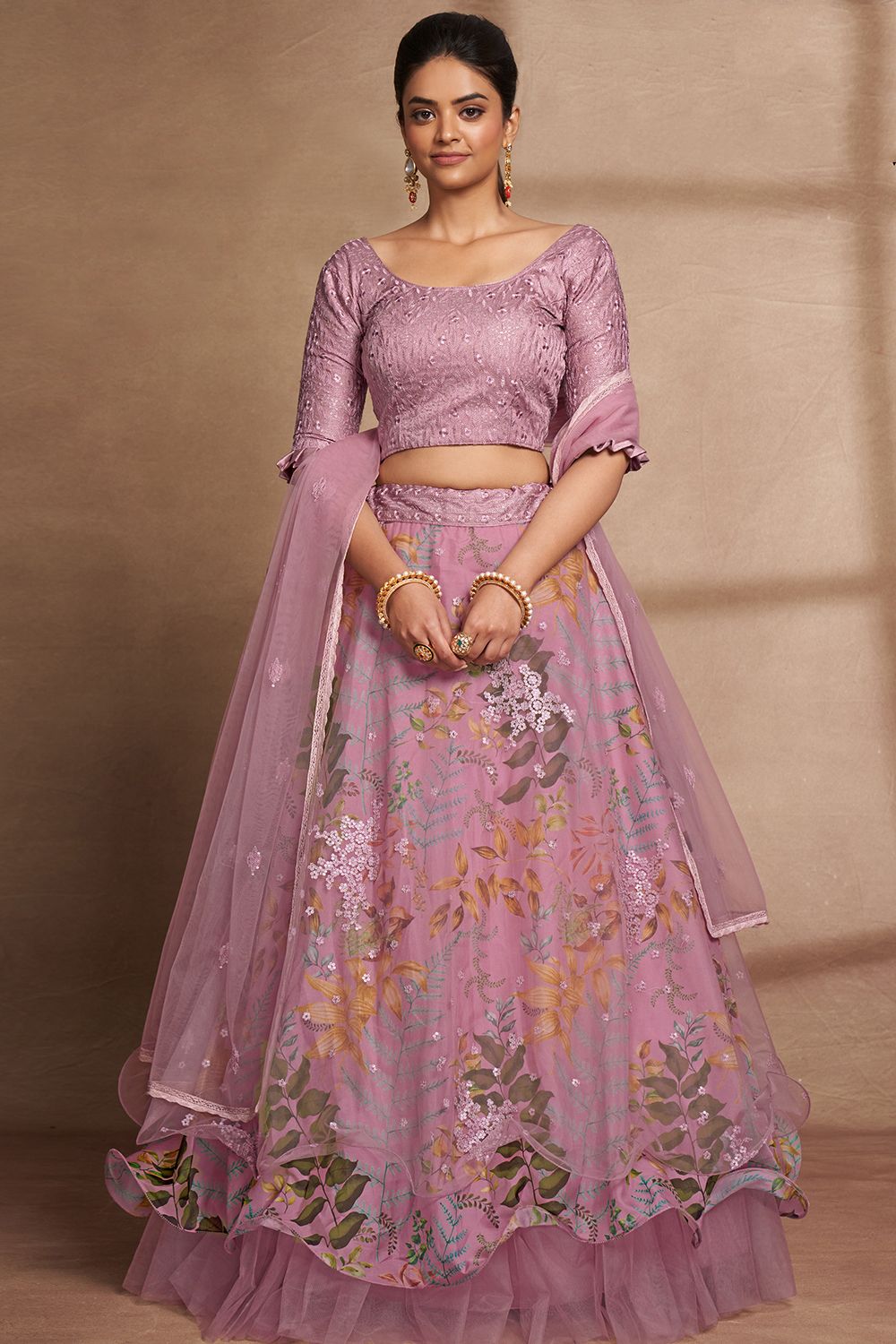 Lavender Printed Frilled Lehenga Choli