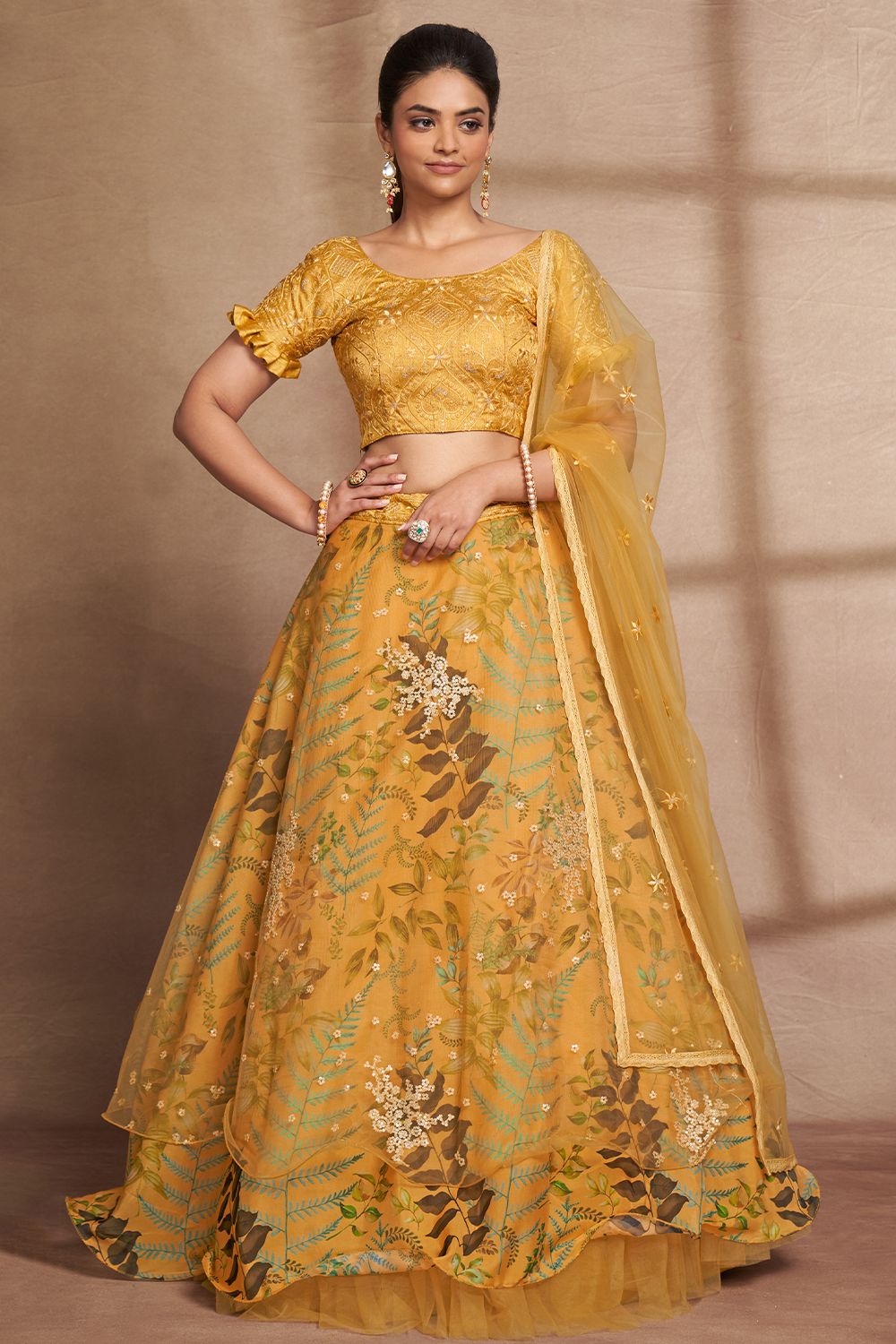 Yellow  Printed Frilled Lehenga Choli