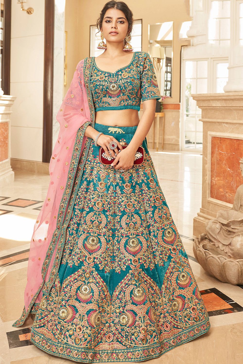 Teal Blue Embroidered Velvet Lehenga Choli