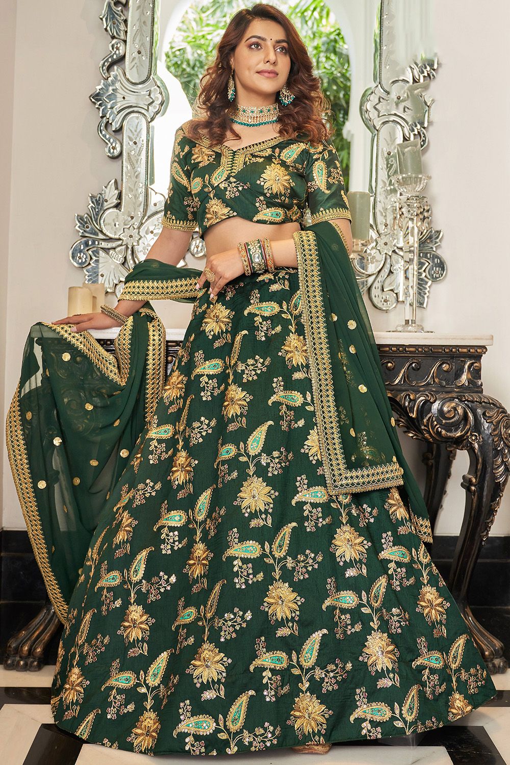 Green Embroidered Art Silk Lehenga Choli