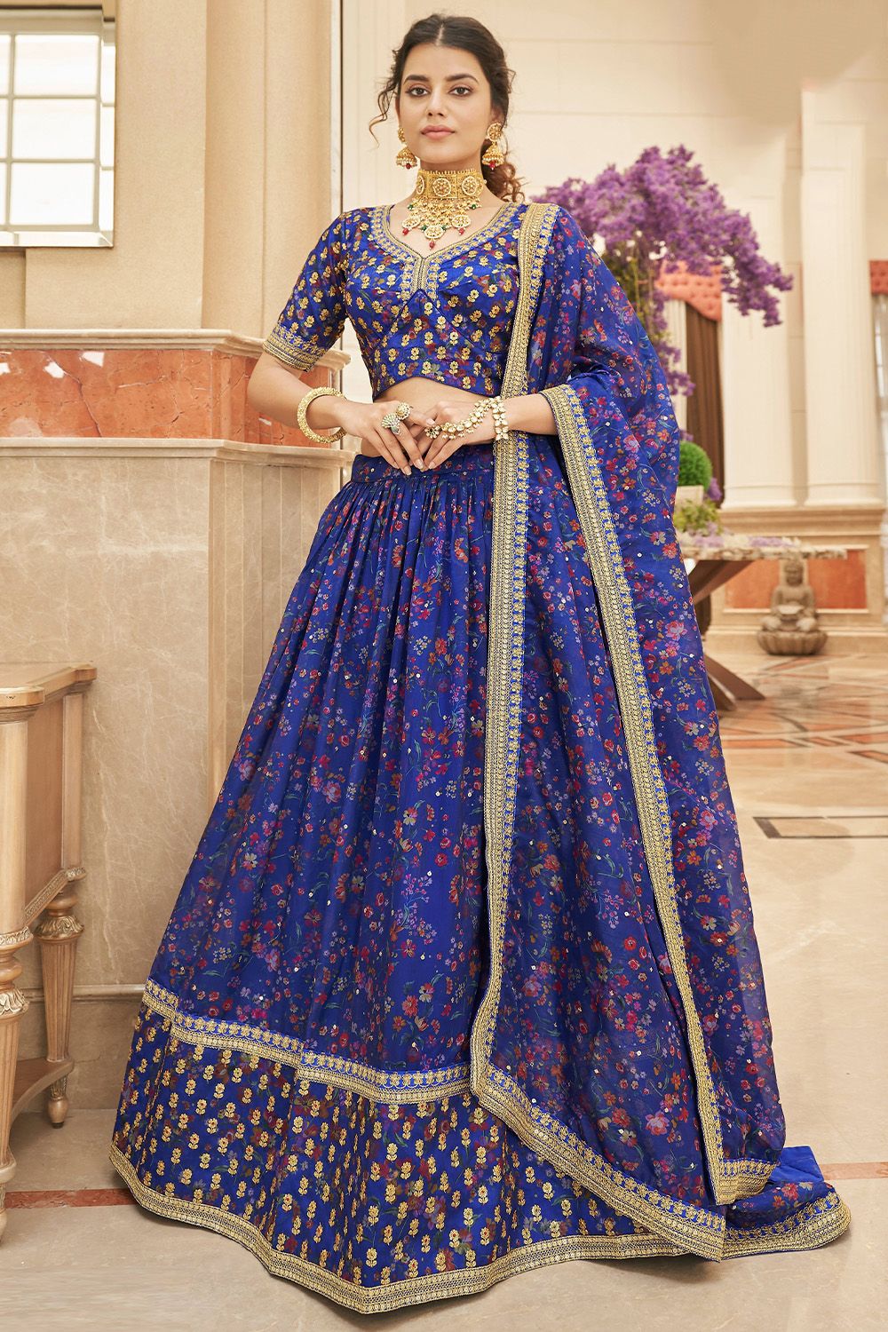 Royal Blue Floral Print Embroidered Lehenga Choli