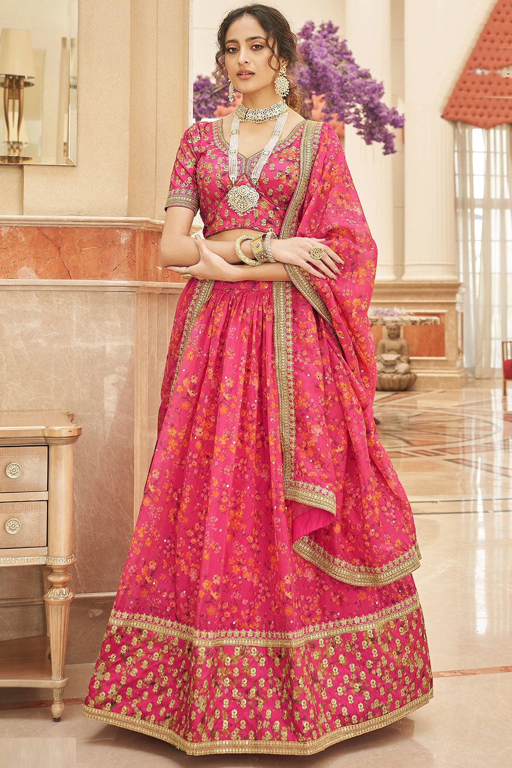 Hot Pink Floral Print Embroidered Lehenga Choli