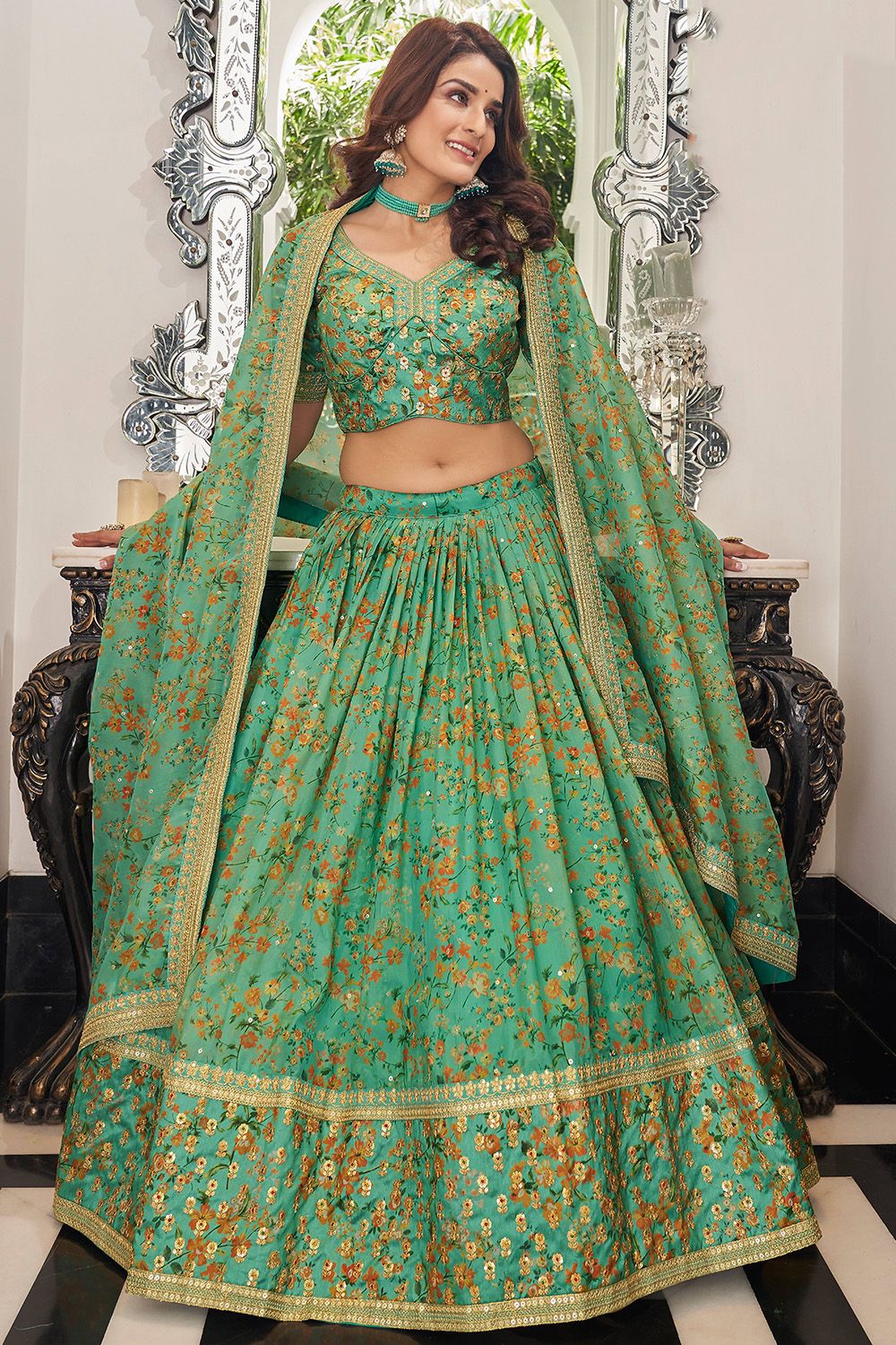 Green Floral Print Embroidered Lehenga Choli