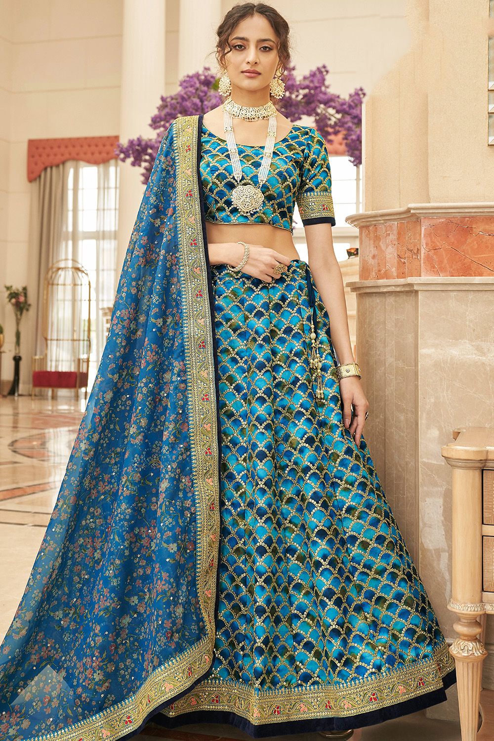 Blue Art Silk Embroidered A Line Lehenga Choli
