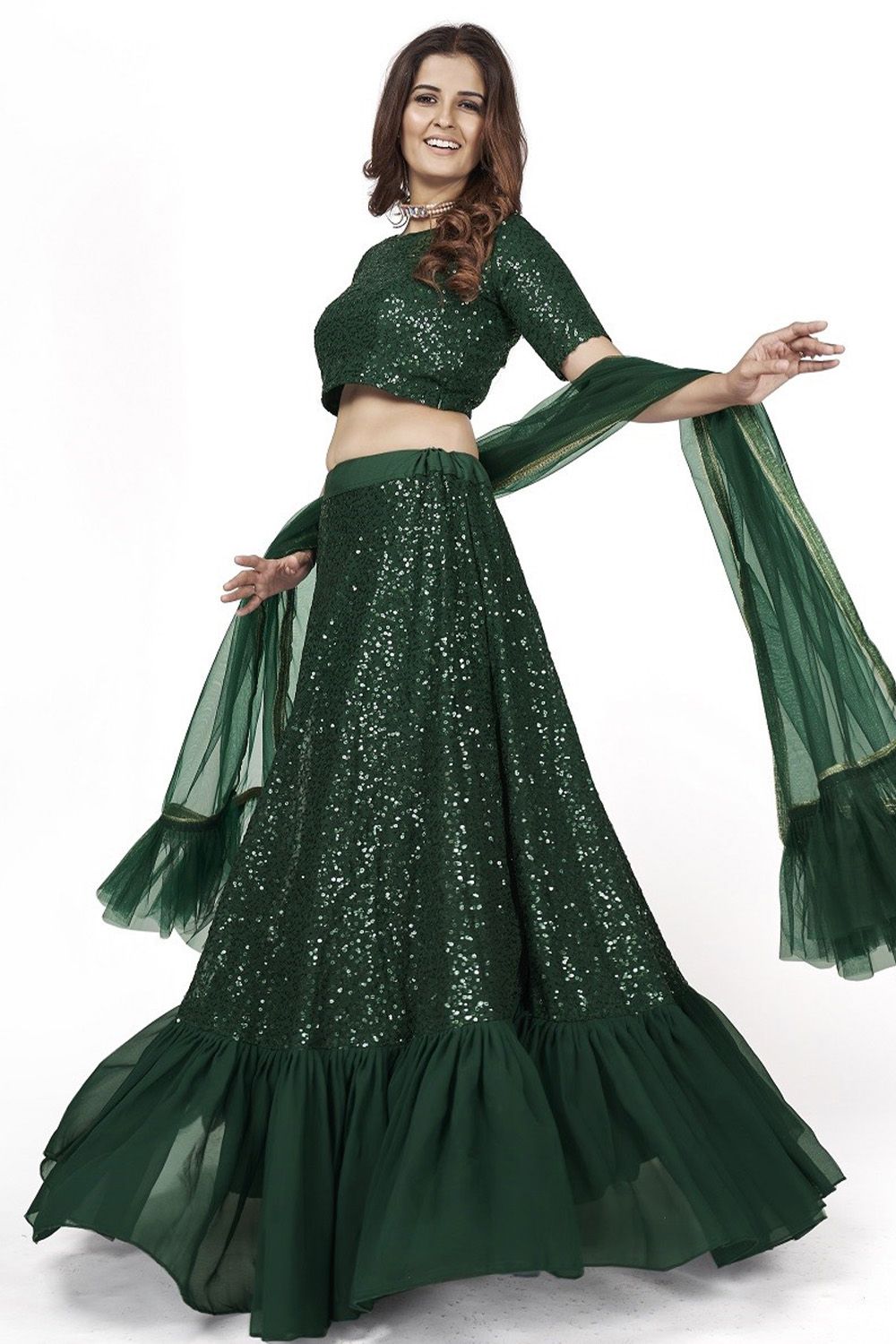 Dark Green Party Wear Lehenga Choli With Sequins Work