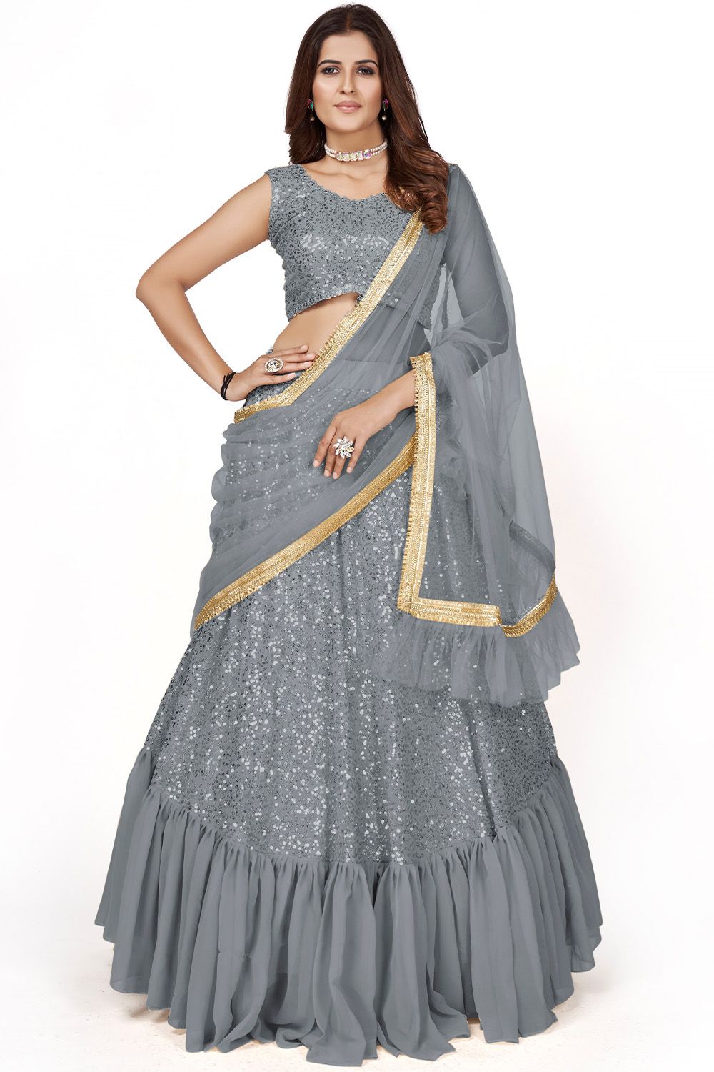 Grey Party Wear Lehenga Choli With Sequins Work