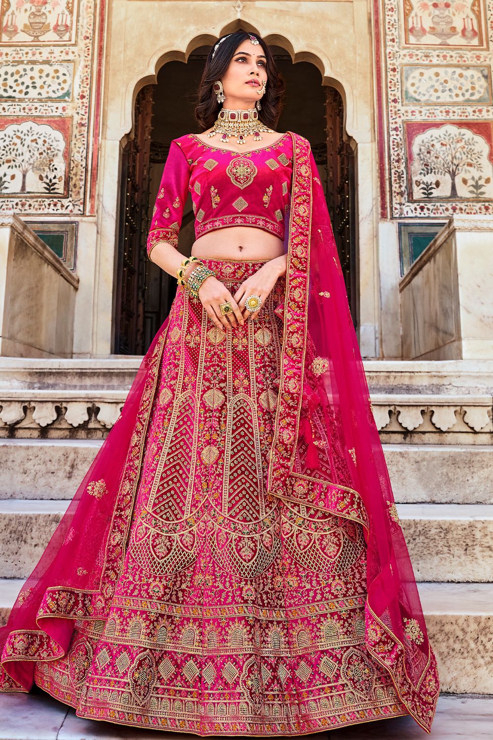 Magenta Pink Velvet Embroidered Lehanga Choli