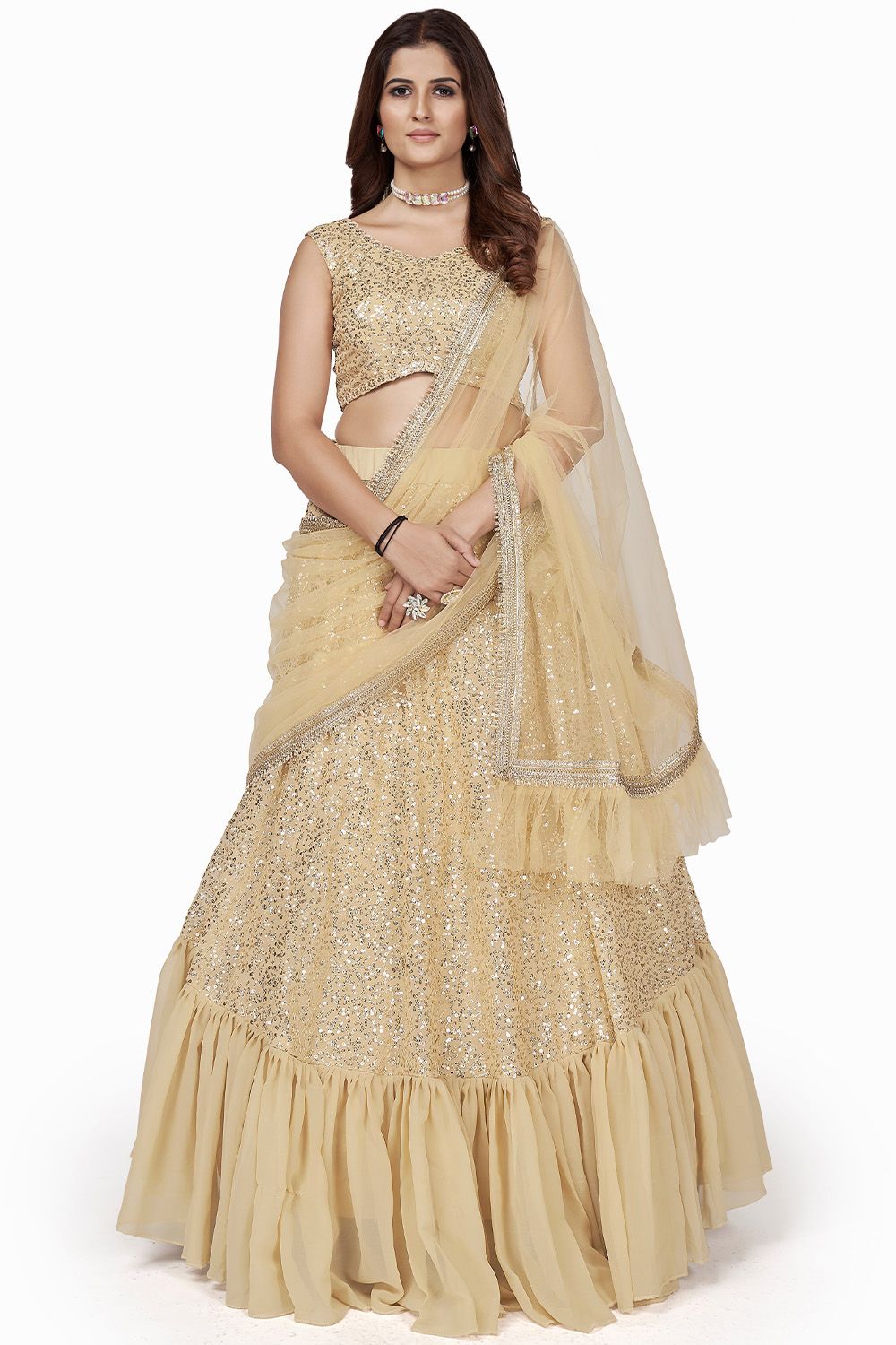 Cream Party Wear Lehenga Choli With Sequins Work