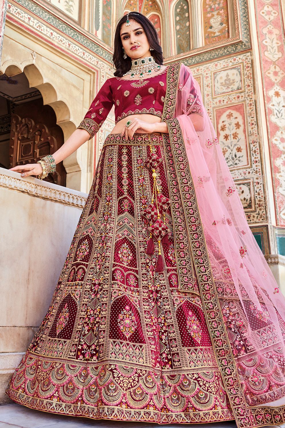 Maroon Velvet Embroidered Lehanga Choli