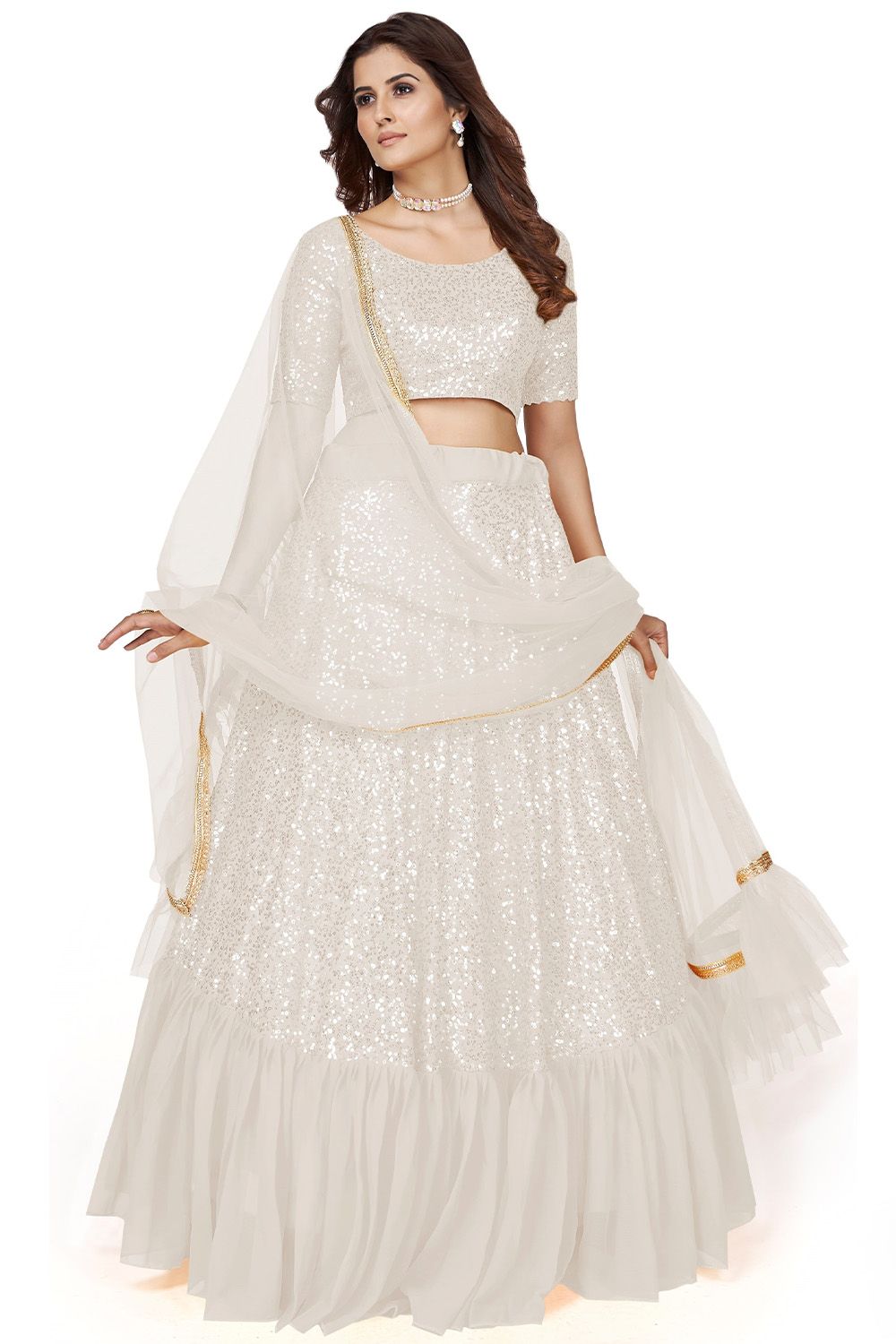 White Party Wear Lehenga Choli With Sequins Work