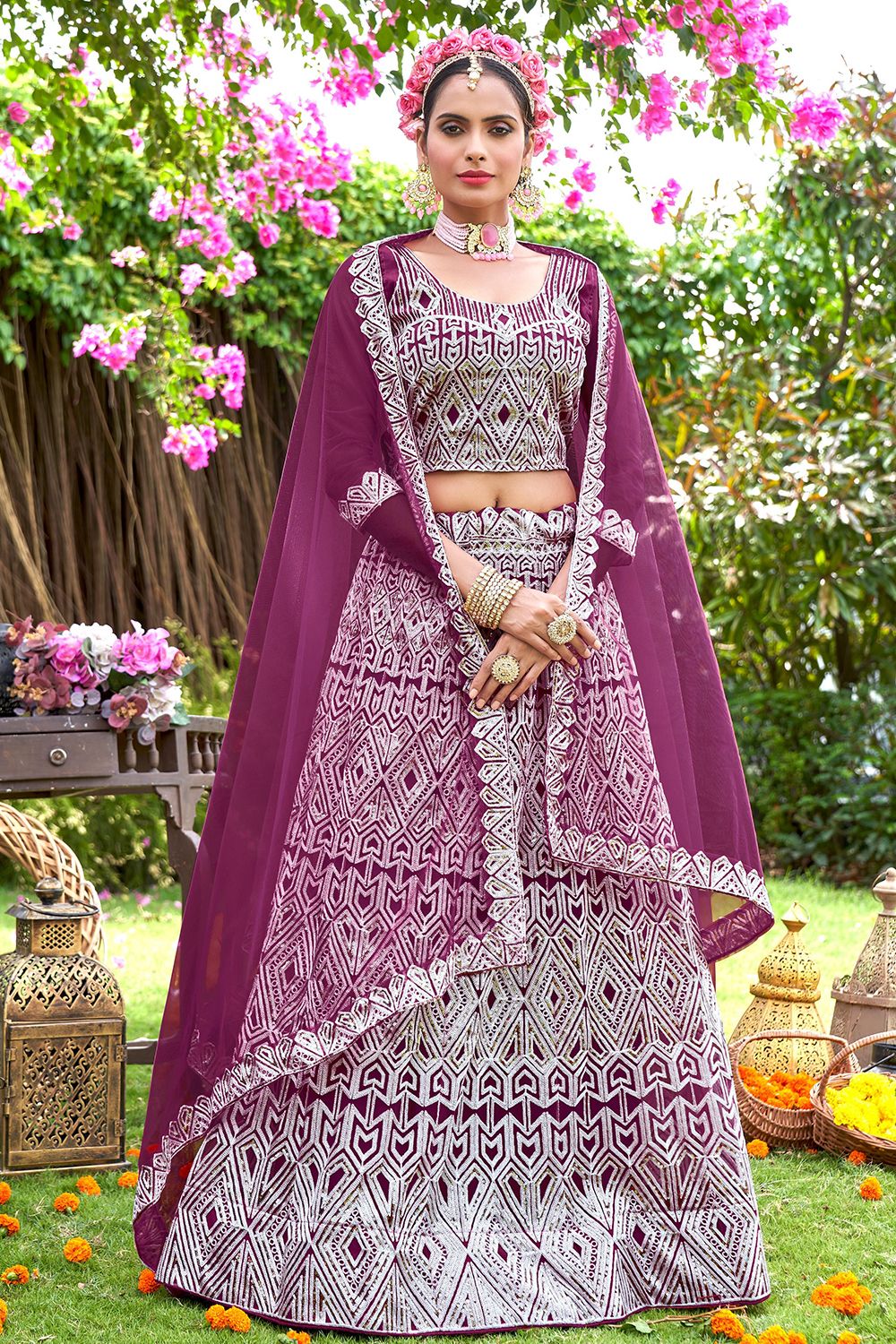 Violet Net Embroidered Lehanga Choli