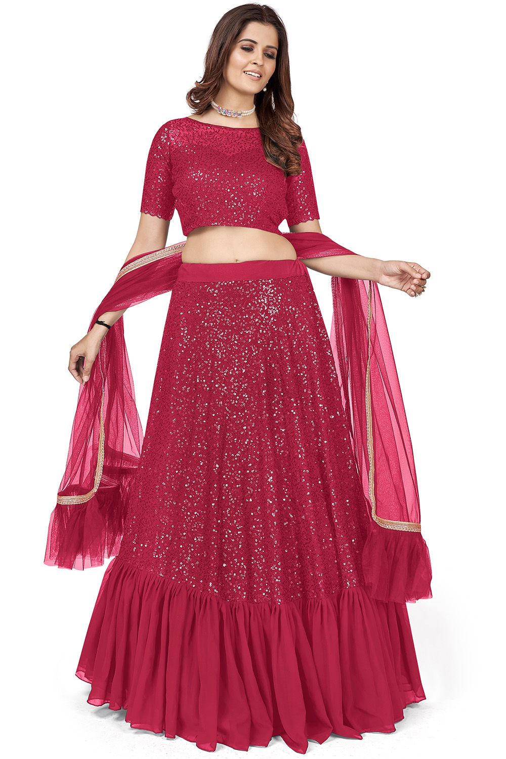 Deep Pink Party Wear Lehenga Choli With Sequins Work