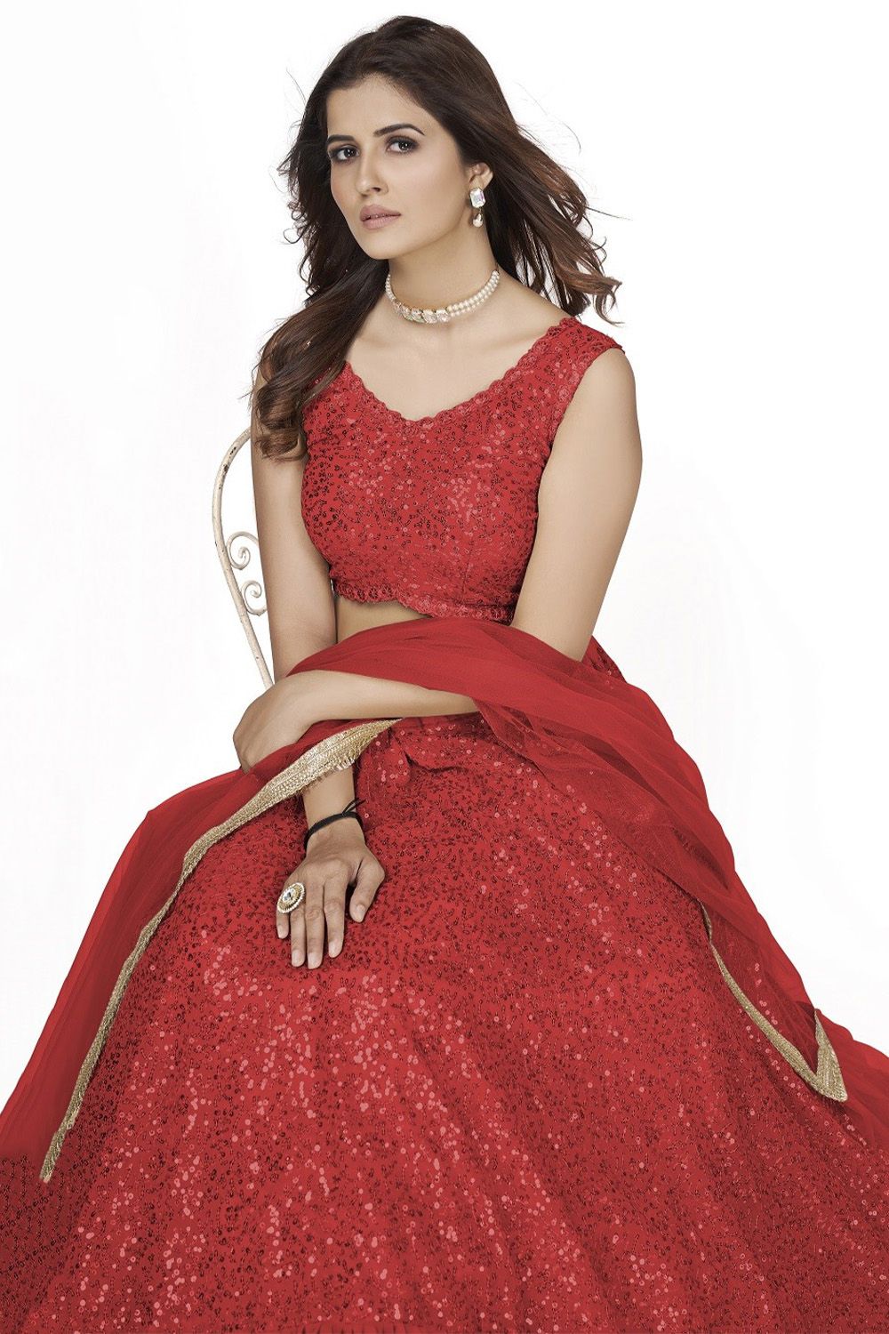 Red Party Wear Lehenga Choli With Sequins Work