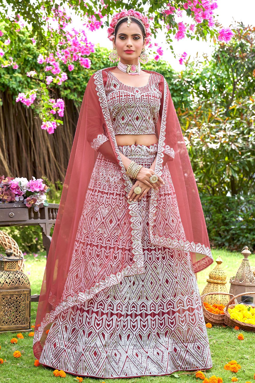 Pink Net Embroidered Lehanga Choli