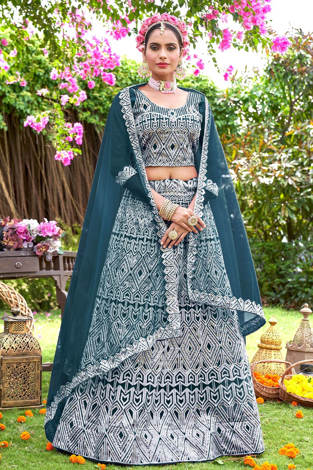 Blue Net Embroidered Lehanga Choli