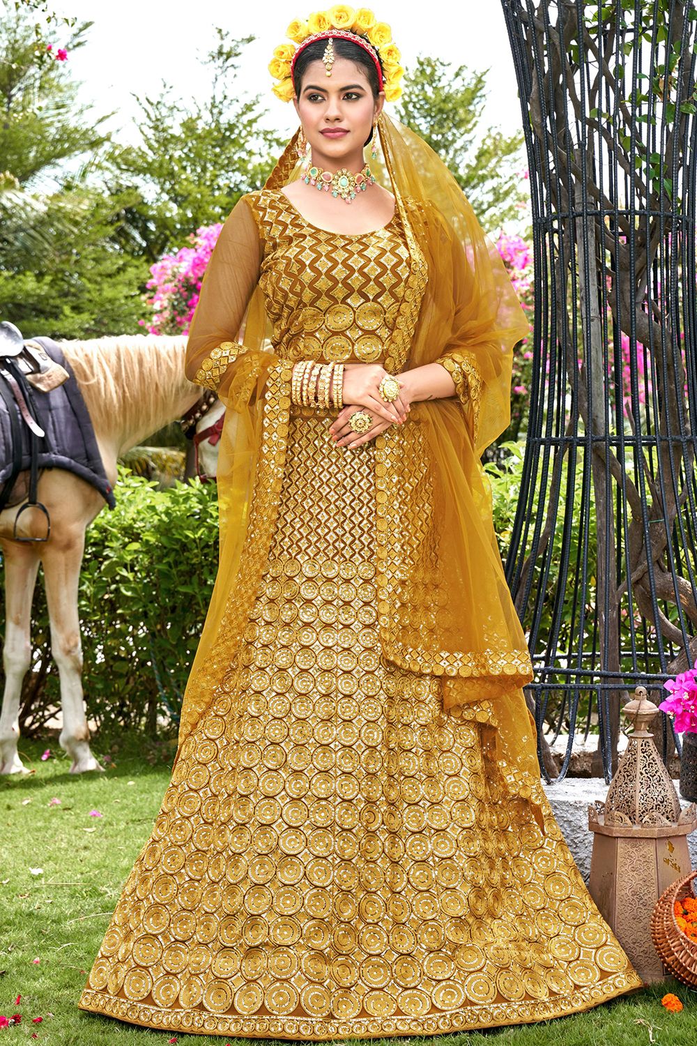 Gold Net Sequins Work Lehanga Choli with Heavy Embroidery