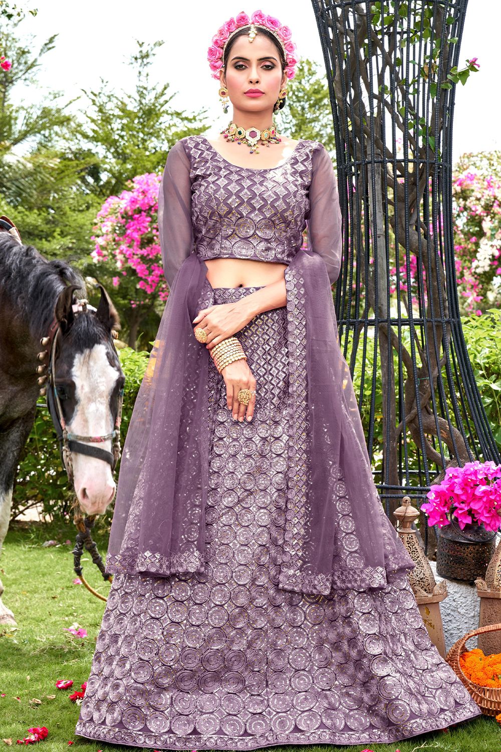 Dusty Purple Net Sequins Work Lehanga Choli with Heavy Embroidery