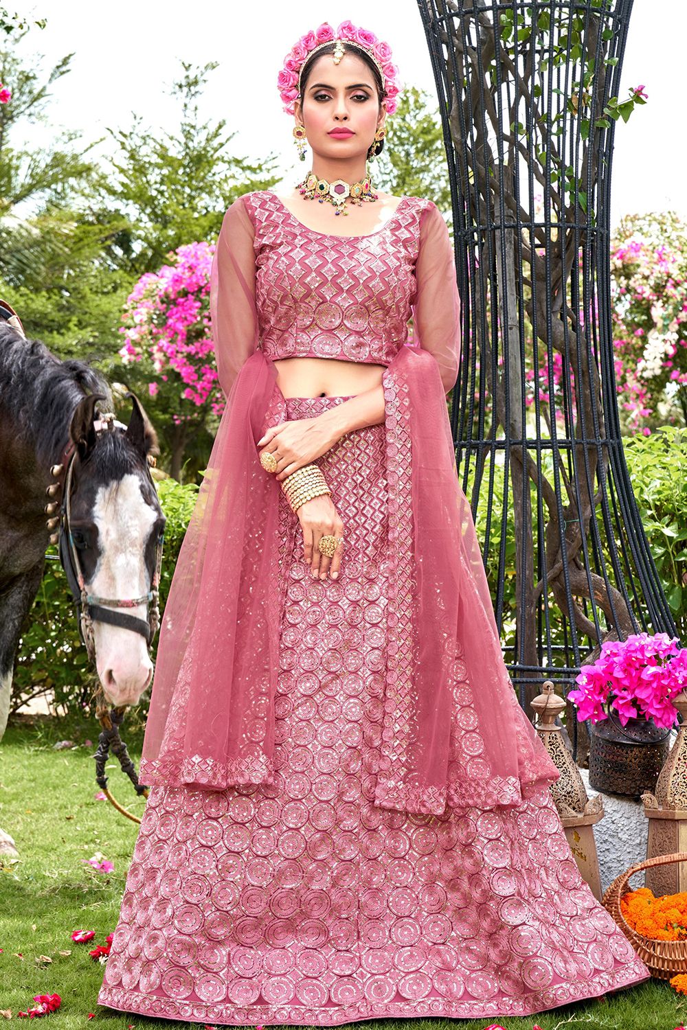 Pink Net Sequins Work Lehanga Choli with Heavy Embroidery