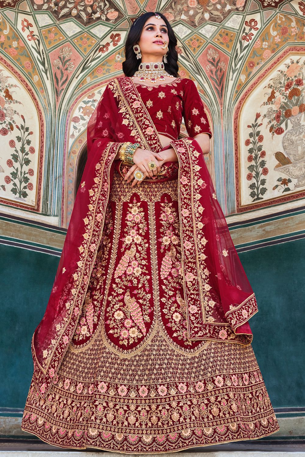 Red Velvet Embroidered Lehanga Choli