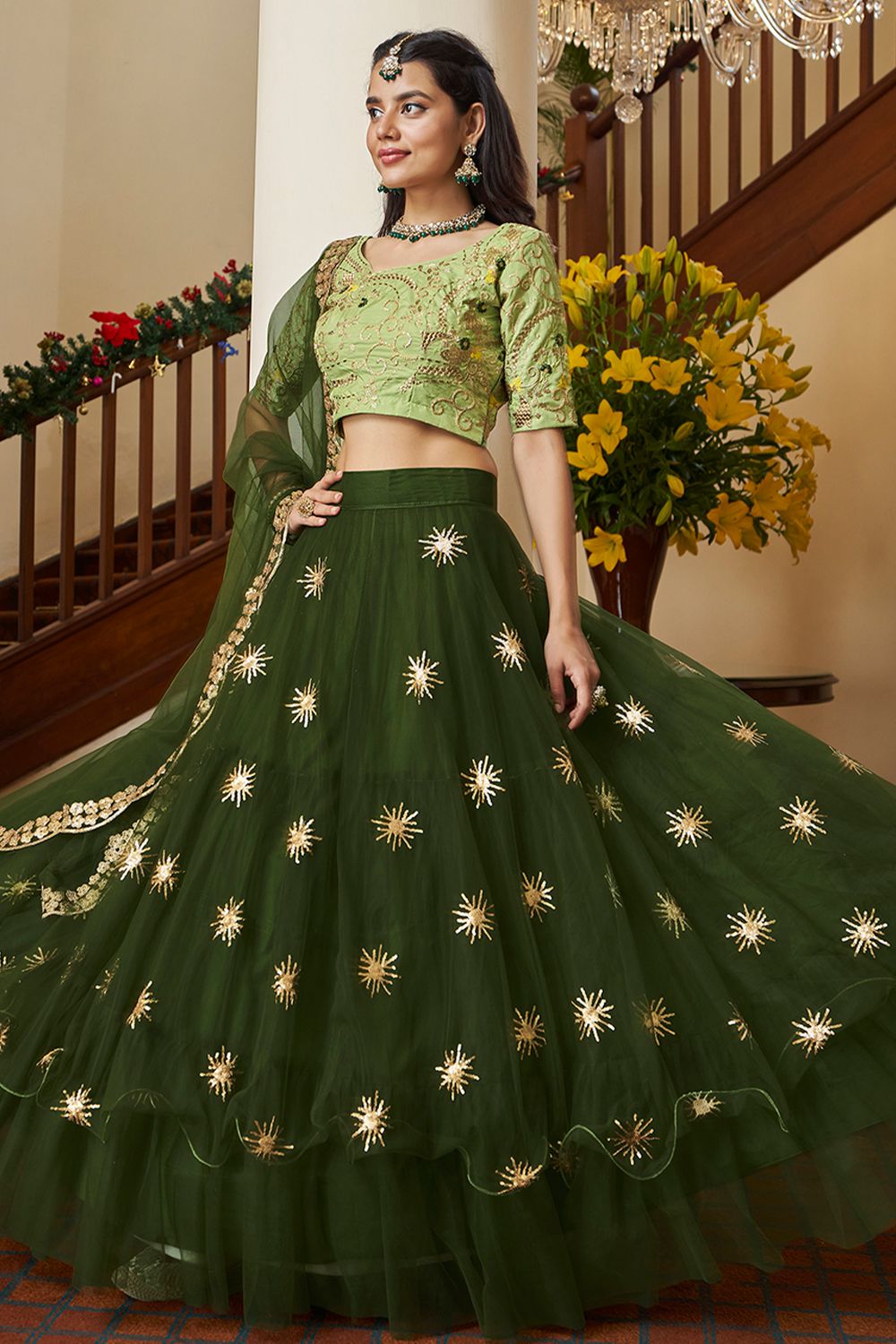 Army Green Embroidered Flared Net Lehenga