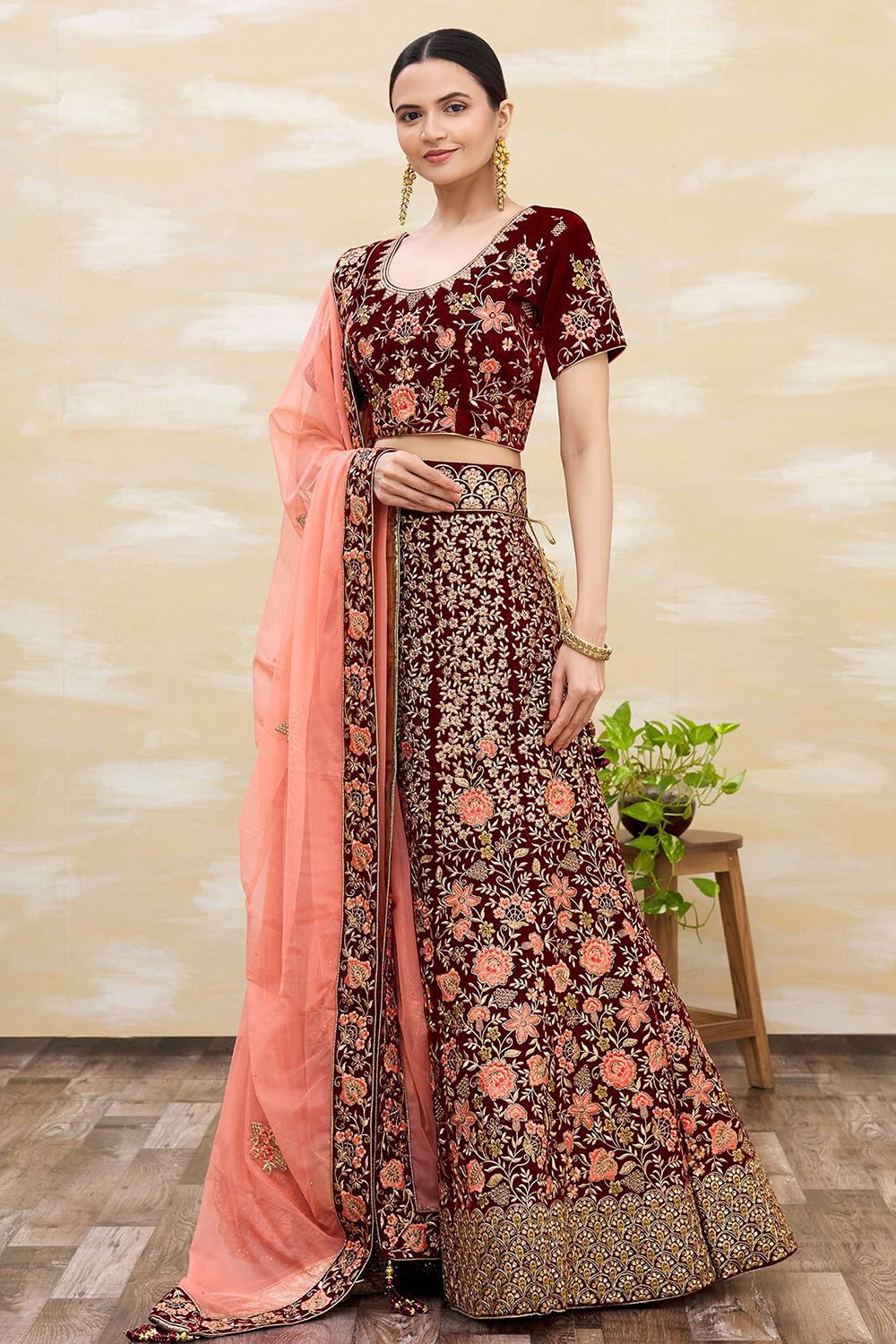 Wine Dori Embroidered Velvet Lehenga Set