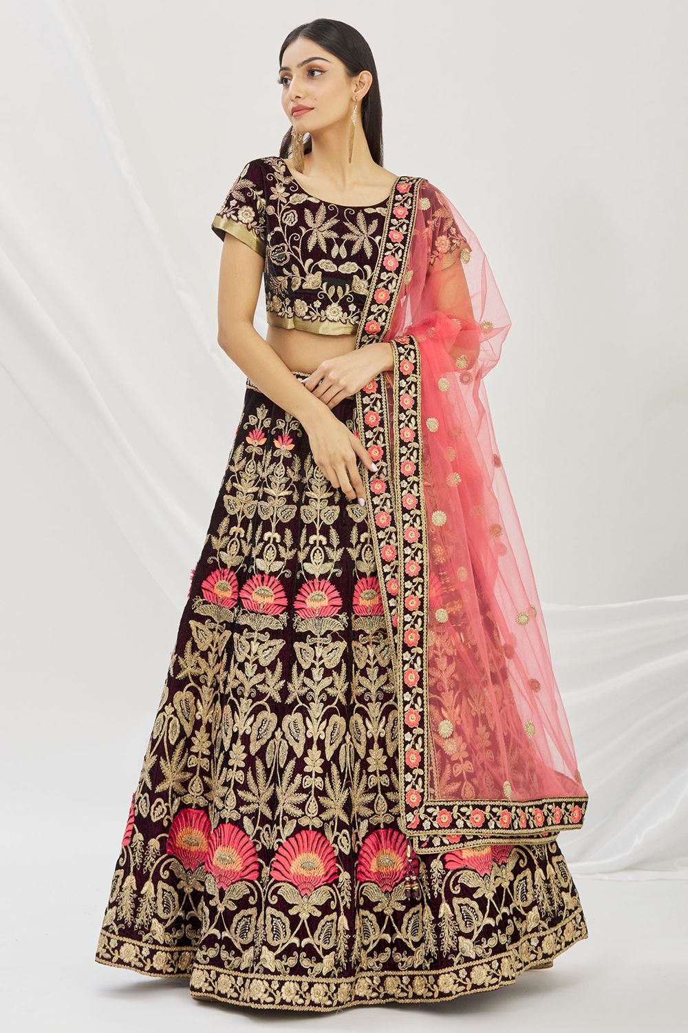 Dark Maroon Dori Embroidered Velvet Lehenga Set