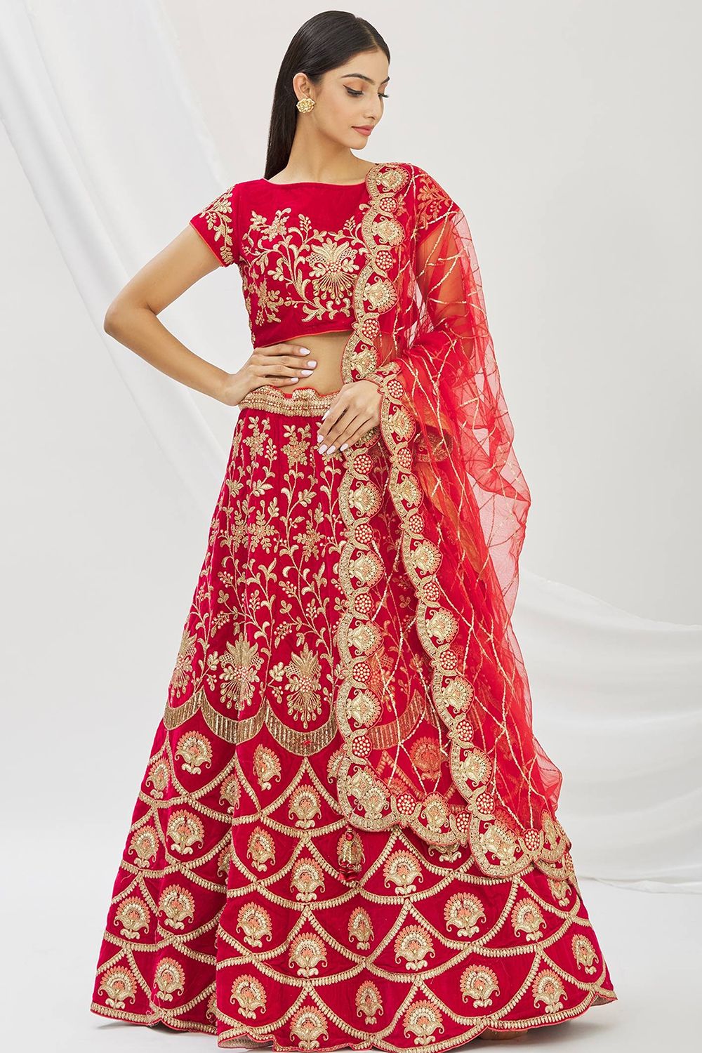 Cherry Red Sequins Embroidered Velvet Lehenga Set