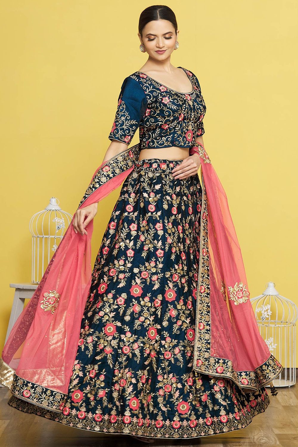 Prussian Blue Embroidered A Line Lehenga