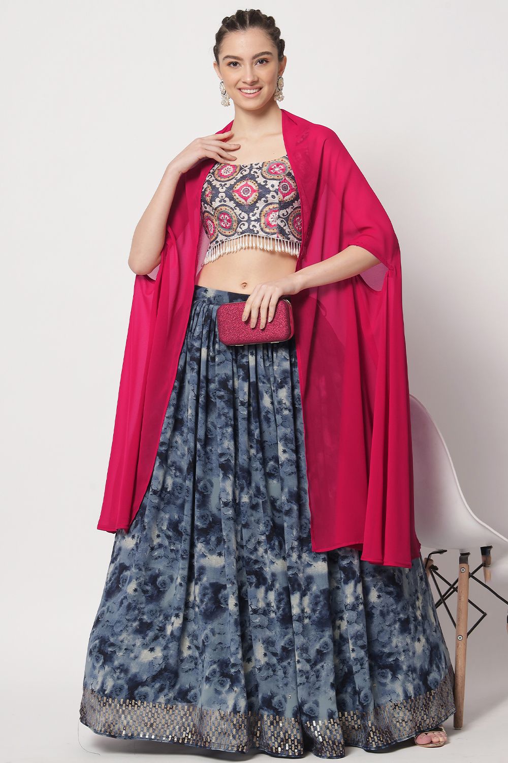 Blue Printed Flared Style Lehenga Set