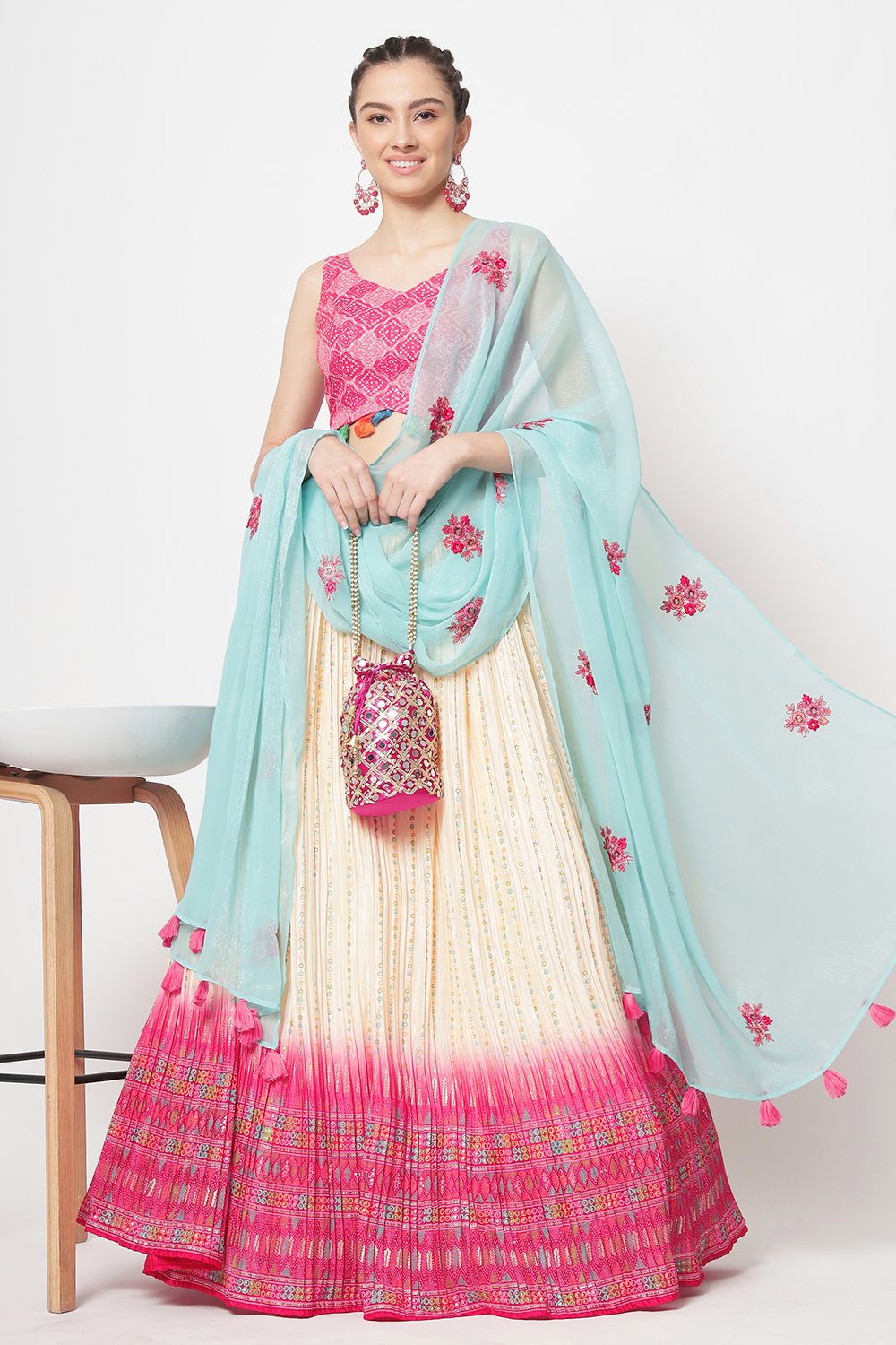 Cream Beige Printed Flared Style Lehenga Set