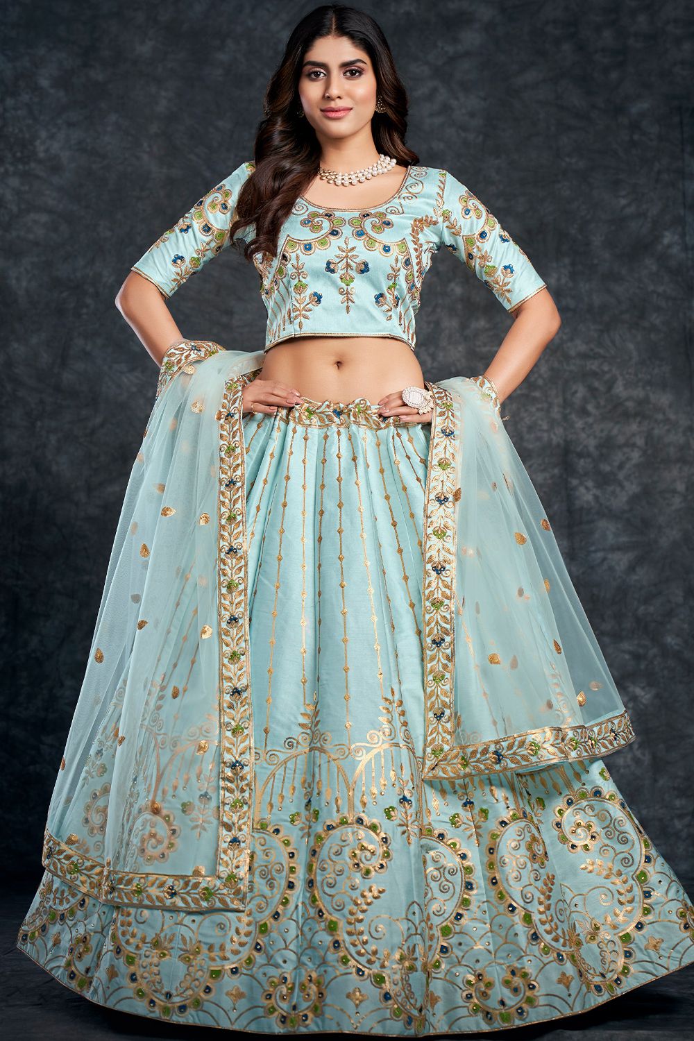 Powder Blue Embroidered Silk Lehenga